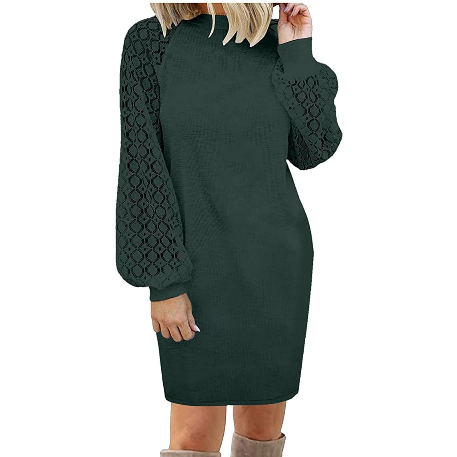 Olivia Women's Long Sleeve Waffle Knit Dress - Crewneck Casual Loose Pullover Sweatshirt Dress in Solid Colors | Perfect for Holiday Parties, Weekend Outings & Cozy Fall/Winter Wear