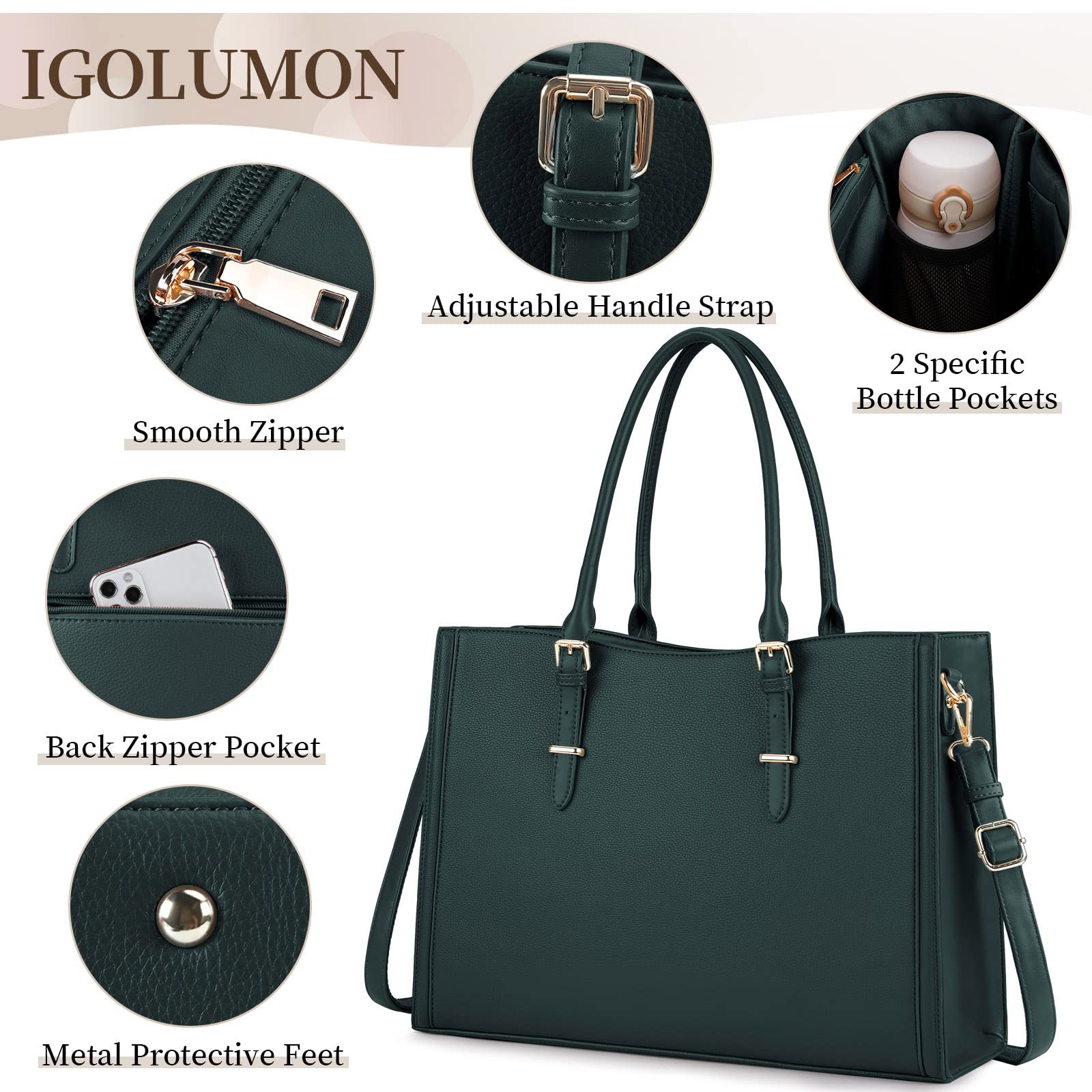 Stylish 15.6 Inch Leather Laptop Tote Bag for Women - Waterproof Work Bag with Shoulder Strap - Perfect for Office, Business Travel & Daily Commute - Elegant Green Handbag for Professionals & Students