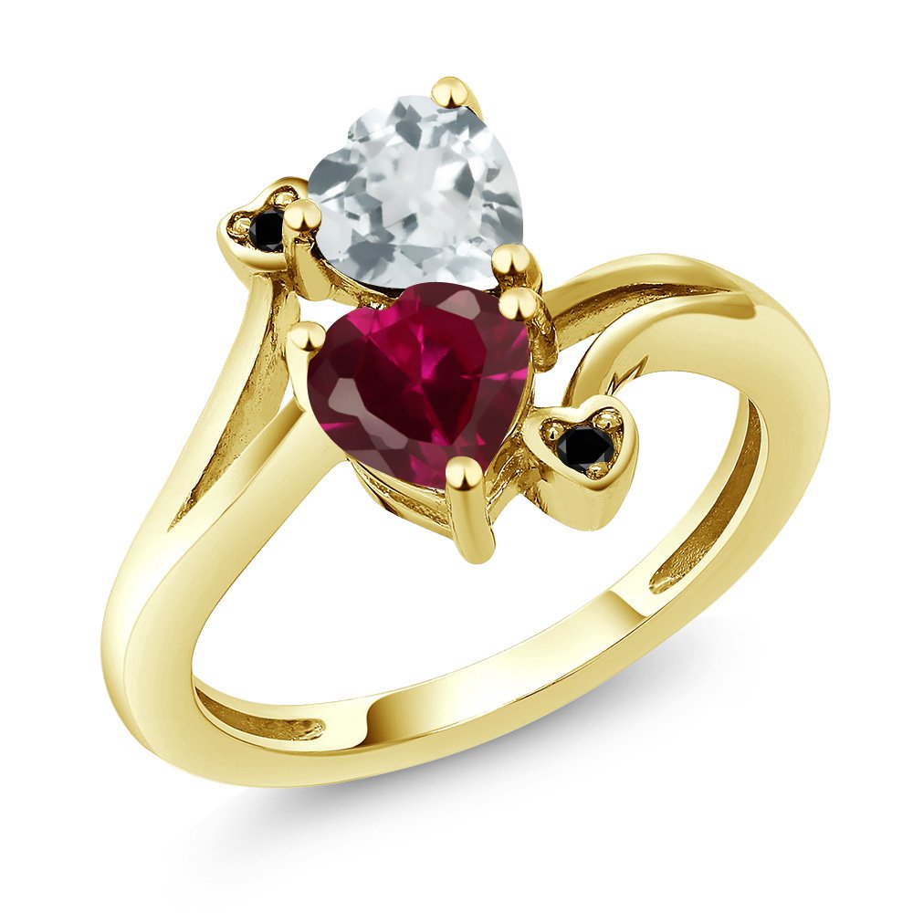 1.67 Ct Heart-Shaped Red Created Ruby & Sky Blue Aquamarine Ring in 10K Yellow Gold with Diamond Accents | Elegant Jewelry for Valentine's Day, Anniversary & Special Occasions