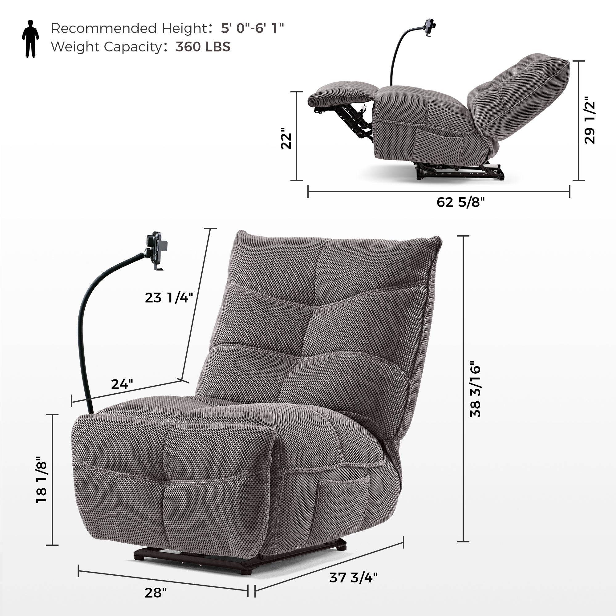 Linx Power Recliner with Wireless Charging & USB Ports - Comfortable Massage Chair for Living Room, Home Theater, and Office Relaxation
