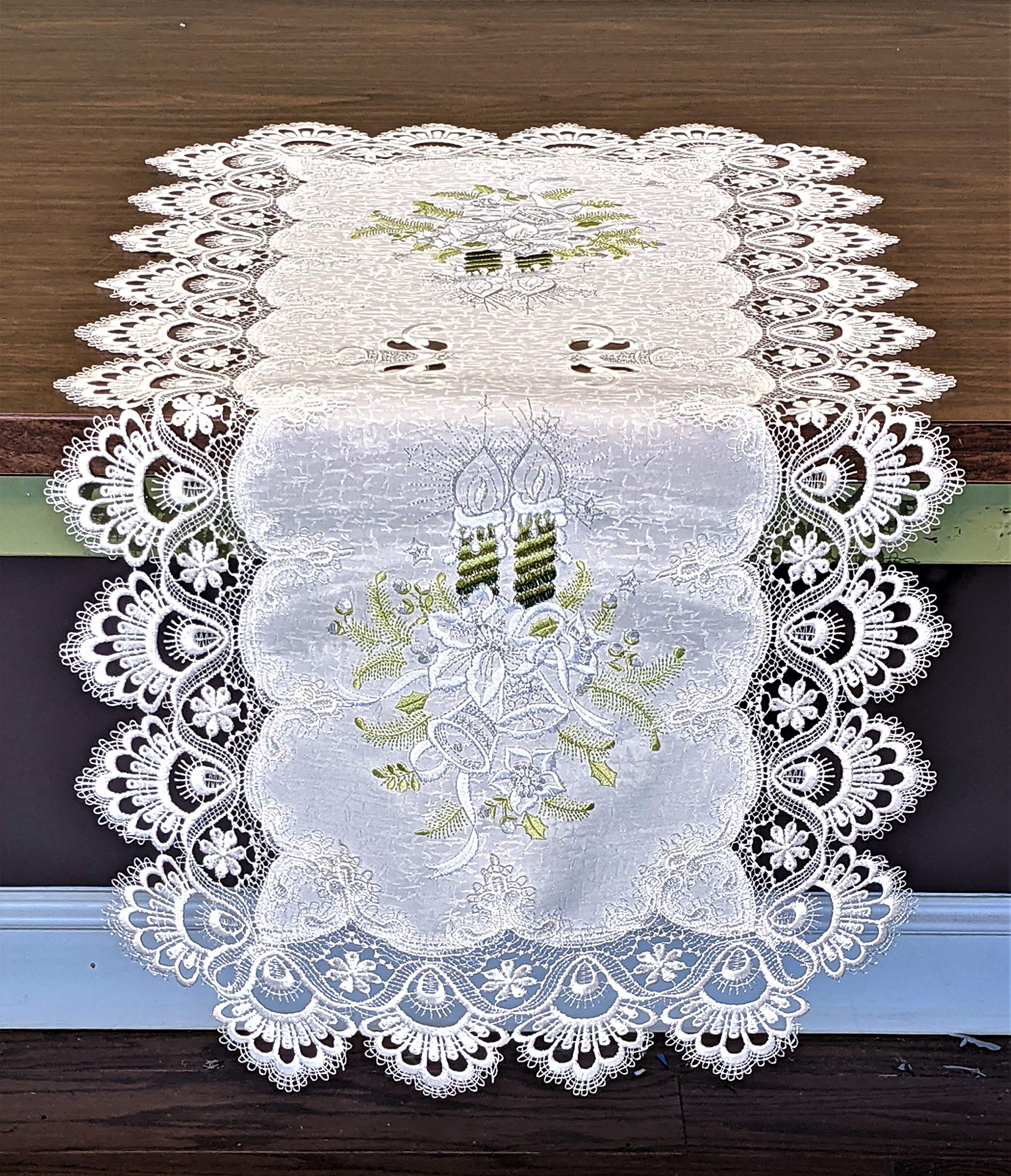 Antique White Christmas Table Runner with Green Candles & Lace - 35 x 16 Inch Holiday Dining Decor for Festive Parties & Cozy Family Dinners