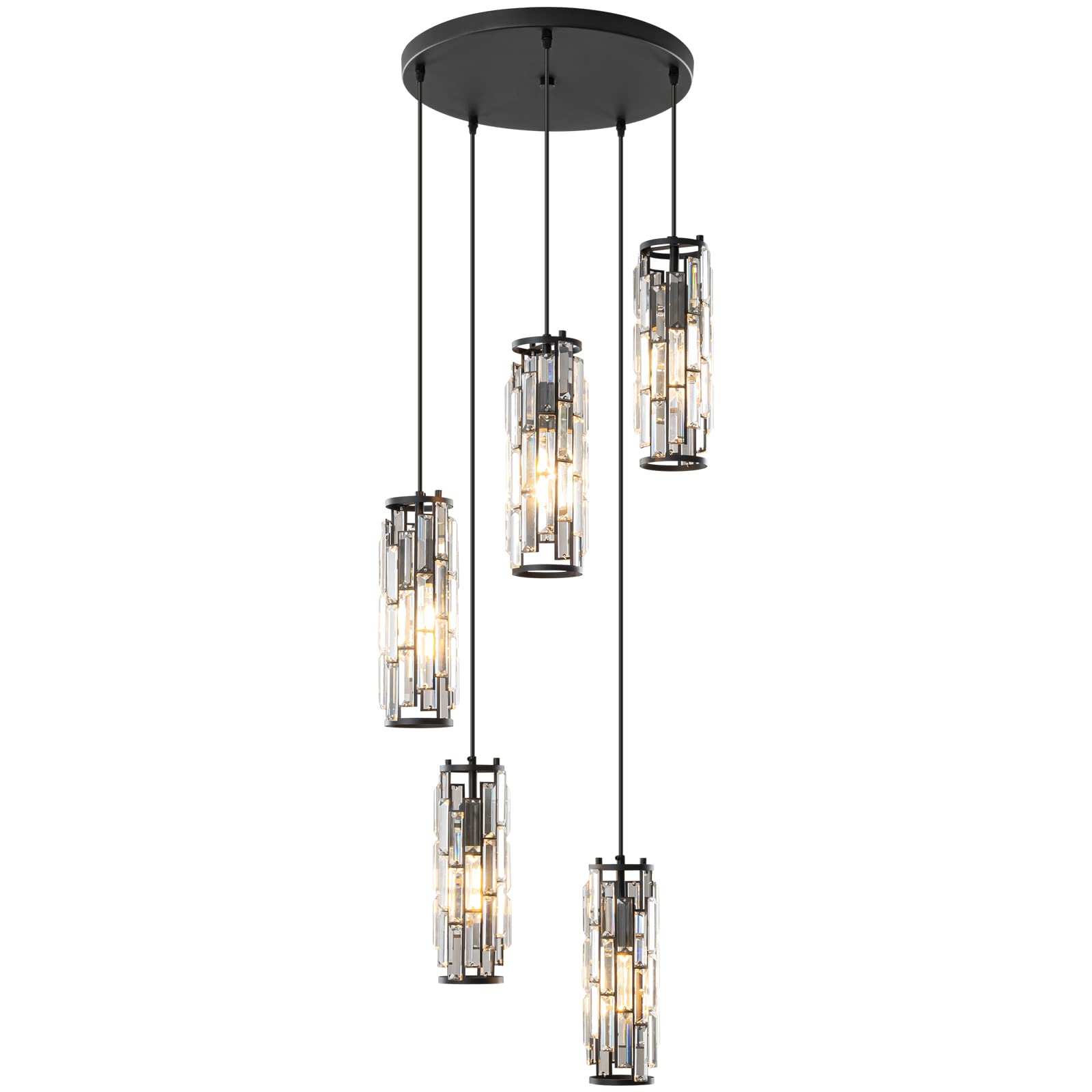 LMQNINE Modern Black Pendant Light Fixture - Adjustable 5-Light Mini Crystal Chandelier for Kitchen Island, Dining Room, Bedroom - Elegant Ceiling Lighting for Home Decor & Interior Design (Black 5-Light)