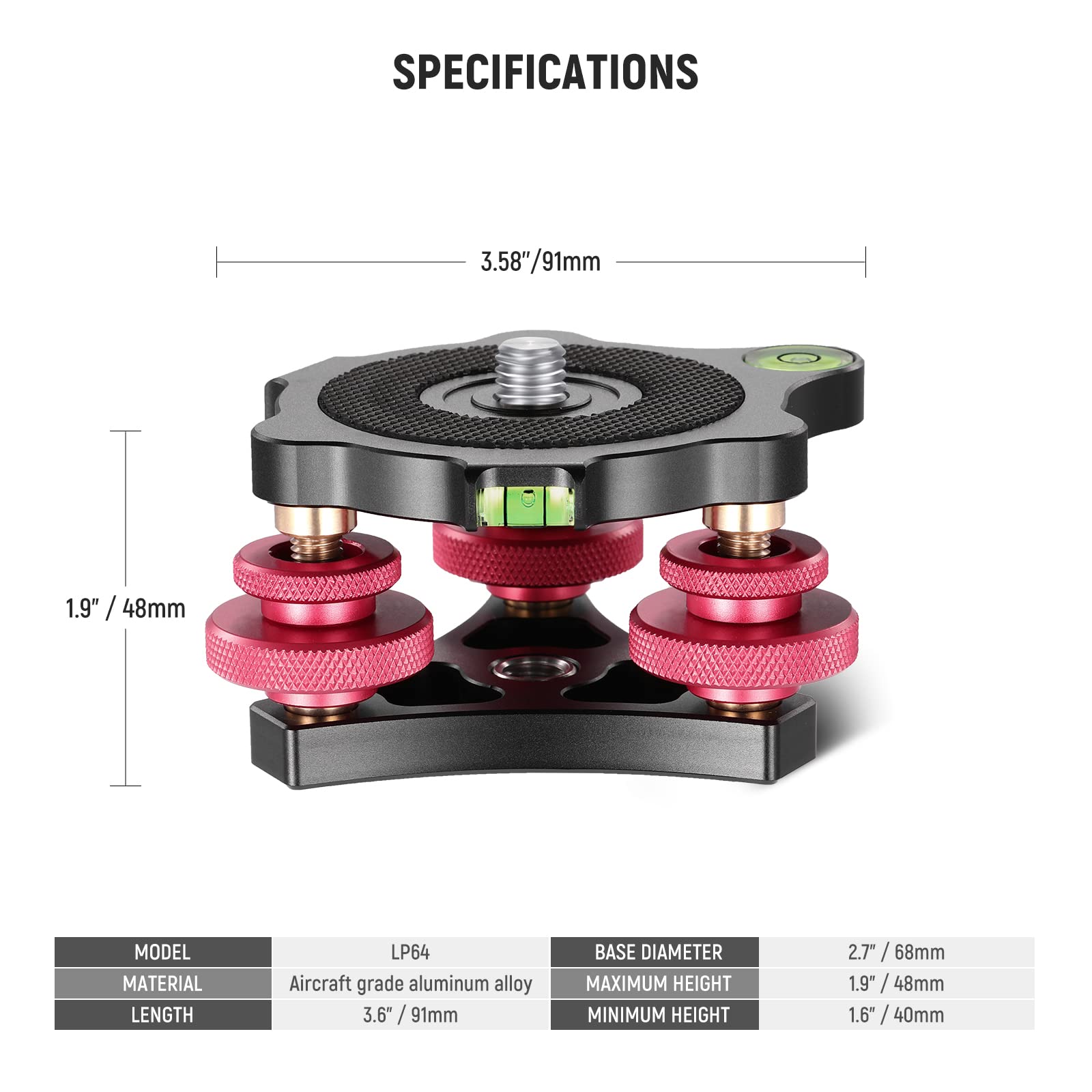 NEEWER 3-Axis Tripod Head Leveling Base - Aircraft Grade Aluminum Alloy, 3/8
