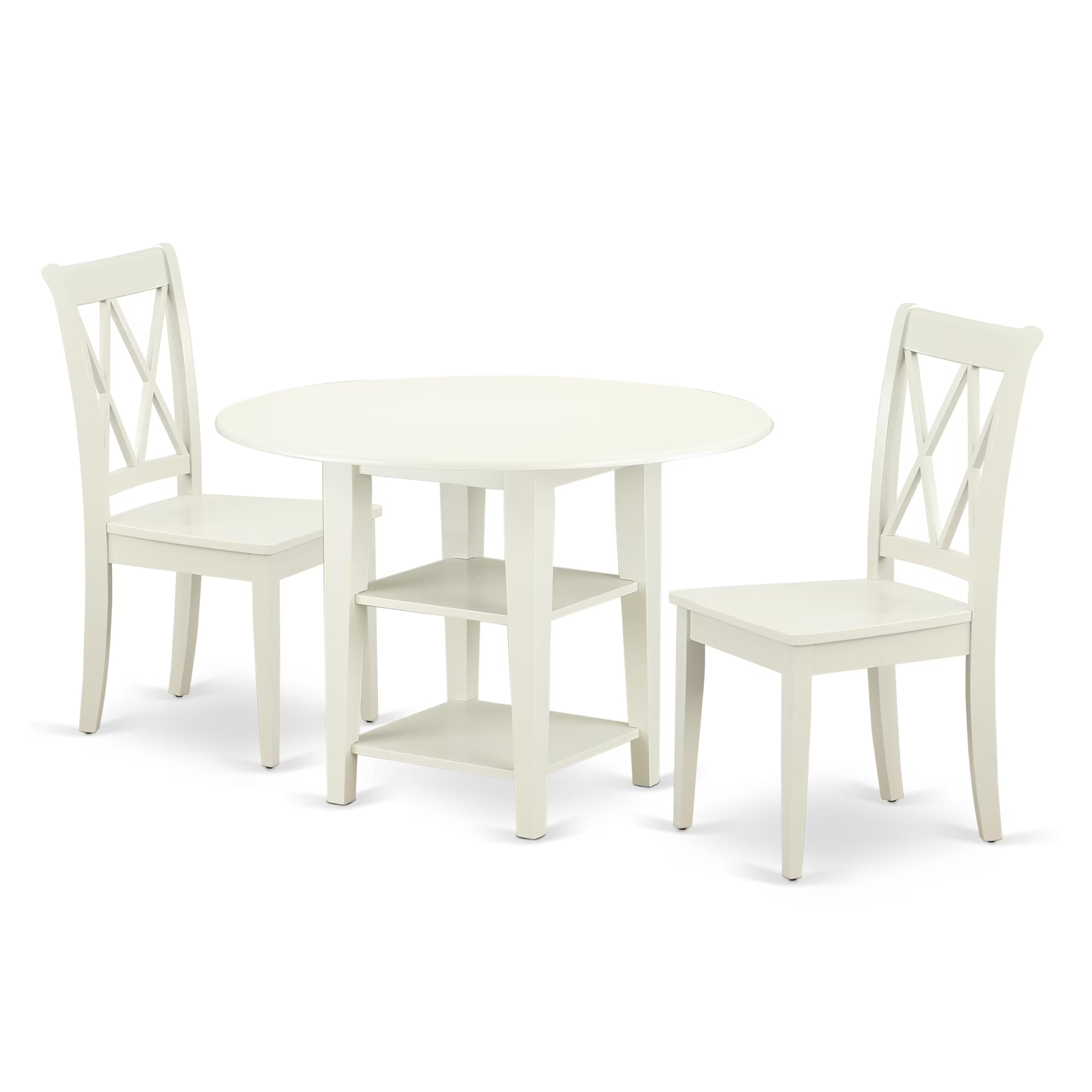 East West Furniture SUCL3-LWH-W 3-Piece White Linen Dining Set with Round Drop-Leaf Kitchen Table (42x42 Inch), 2 Chairs & Storage Shelves - Perfect for Small Spaces, Breakfast Nooks & Cozy Apartments