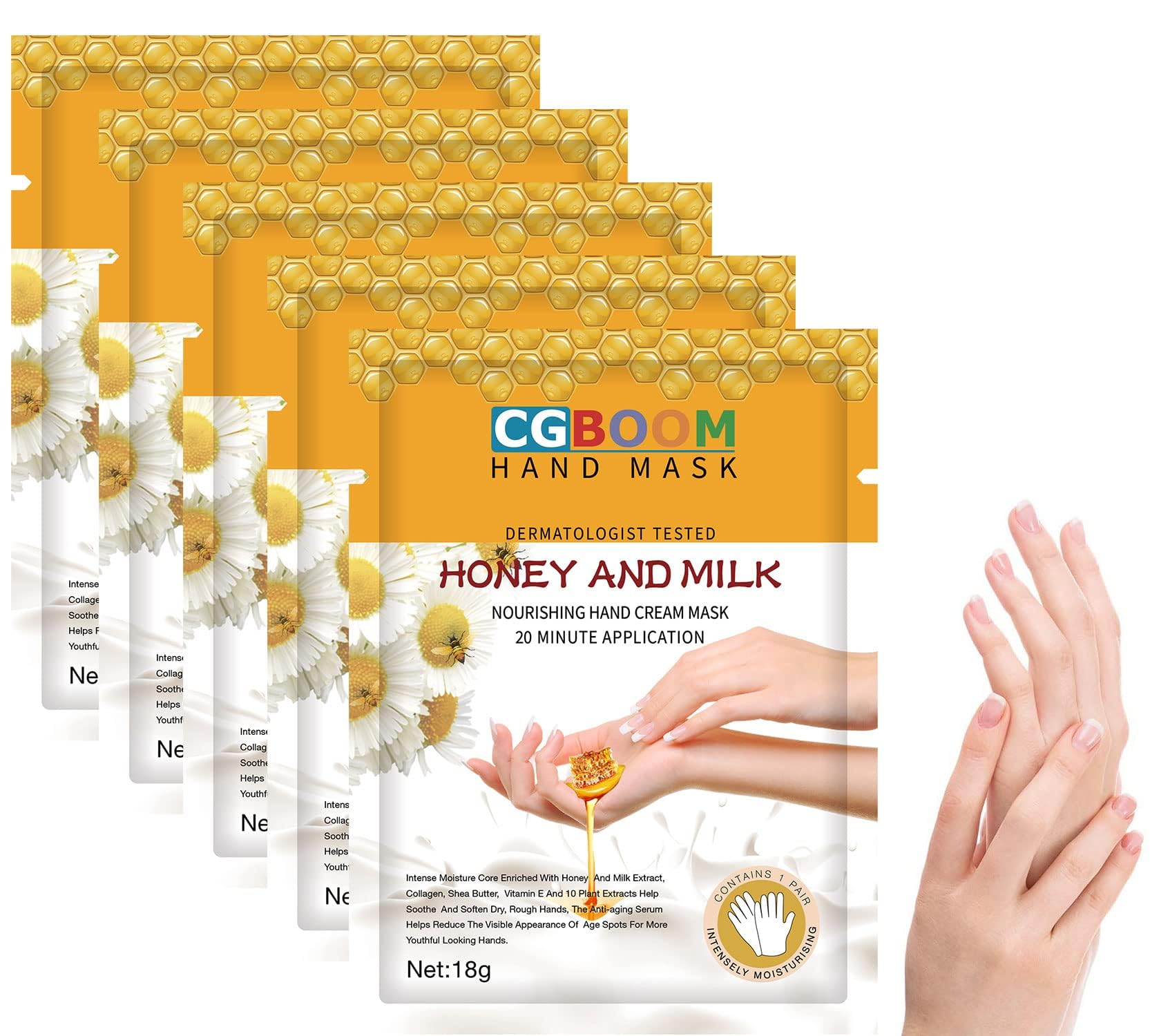 CGBOOM 5 Pairs Moisturizing Hand Masks with Collagen, Vitamins & Natural Extracts - Honey Milk Formula for Dry, Cracked & Aging Hands - Perfect for Overnight Treatment, Spa Day & Winter Hand Care