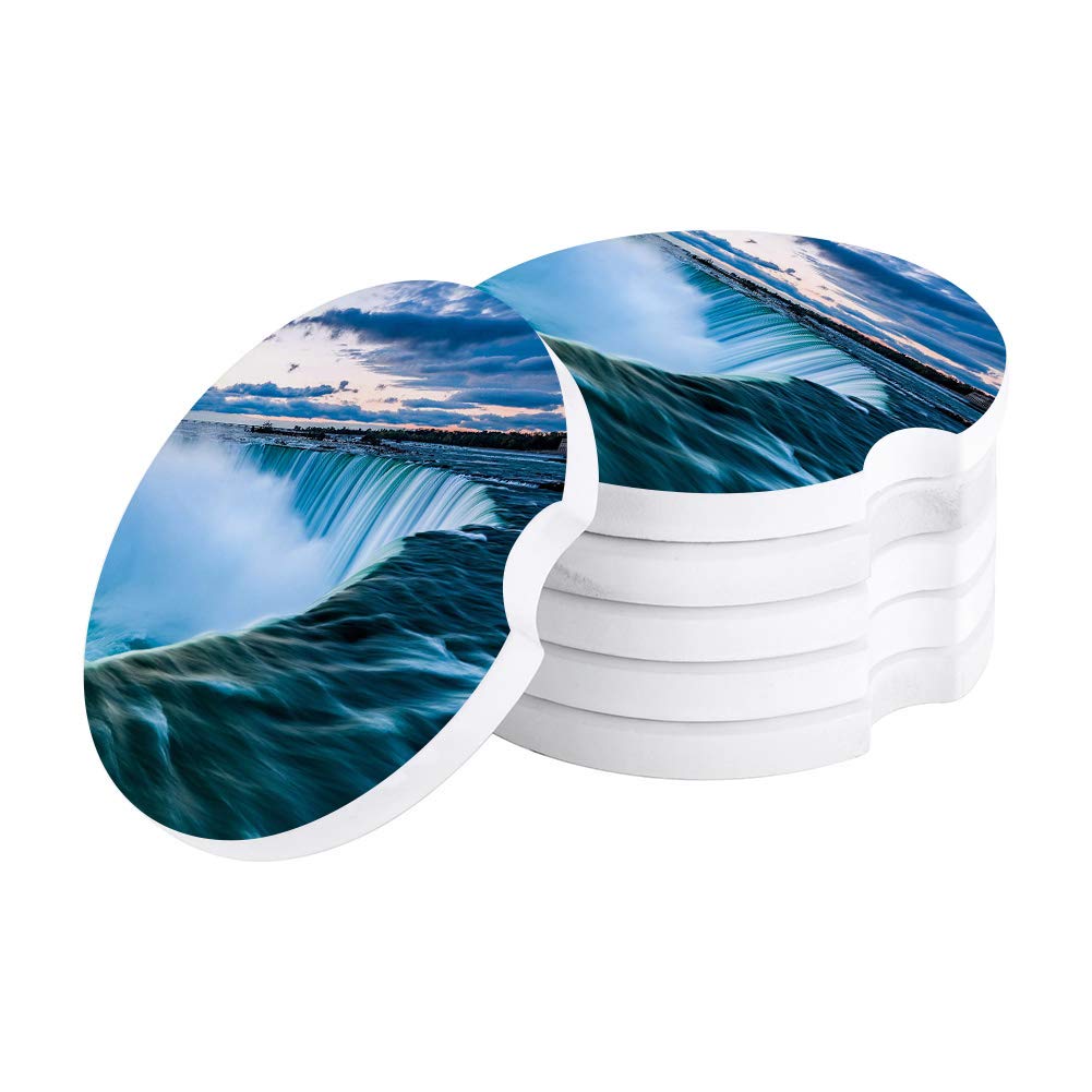 Absorbent Ceramic Car Coasters with Finger Notch - 6 Pack Niagara Falls Design, Sunshine Sense Car Accessories for Easy Removal, Perfect for Road Trips and Daily Commutes