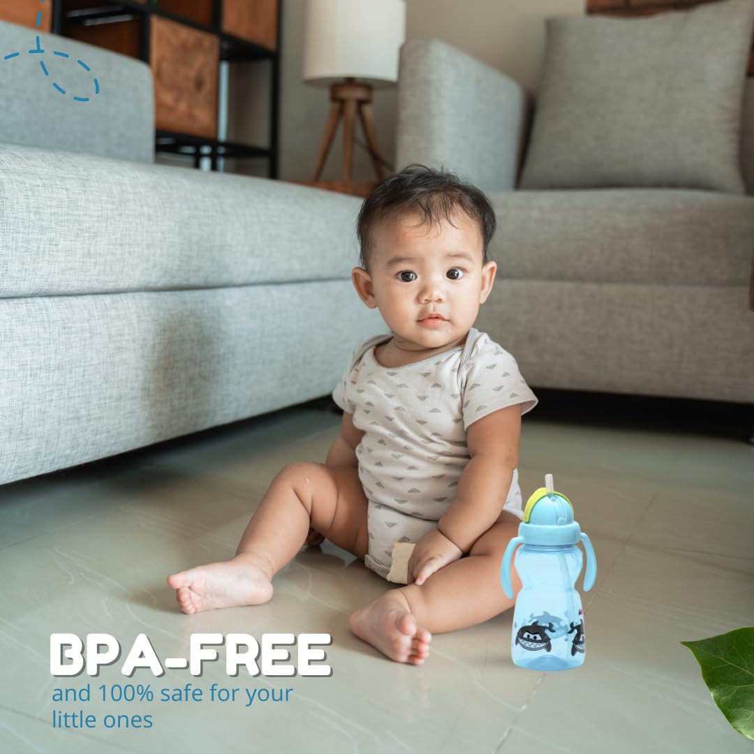 Adore Zing Twin Handle Straw Cup - BPA Free Baby Water Bottle for Kids & Toddlers | 300ml Leak Proof Plastic Straw Sipper for Boys & Girls | Perfect for Daycare, Travel & Outdoor Activities (Blue)