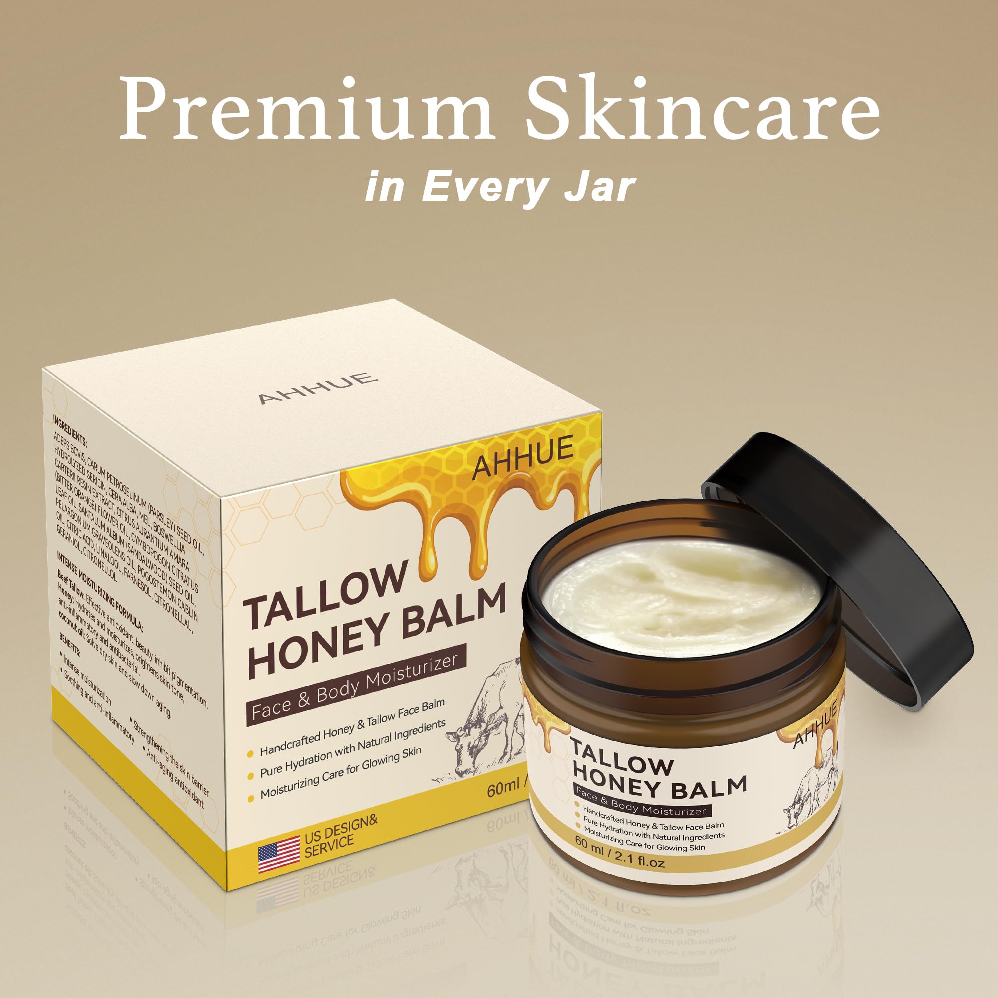 Grass-Fed Beef Tallow Balm - Natural Skin Moisturizer for Face & Body (60ml) - Perfect for Dry Skin Care