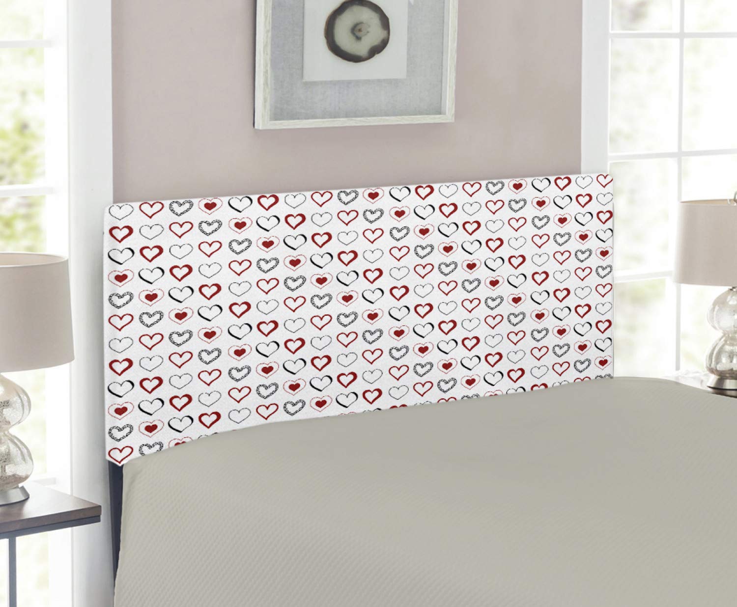 Ambesonne Love Headboard - Hand Drawn Doodle Hearts Design, Valentine's Day Romantic Upholstered Metal Bed Frame with Memory Foam, Twin Size in Ruby Black White - Perfect for Bedroom Decor, Guest Rooms & Modern Apartments