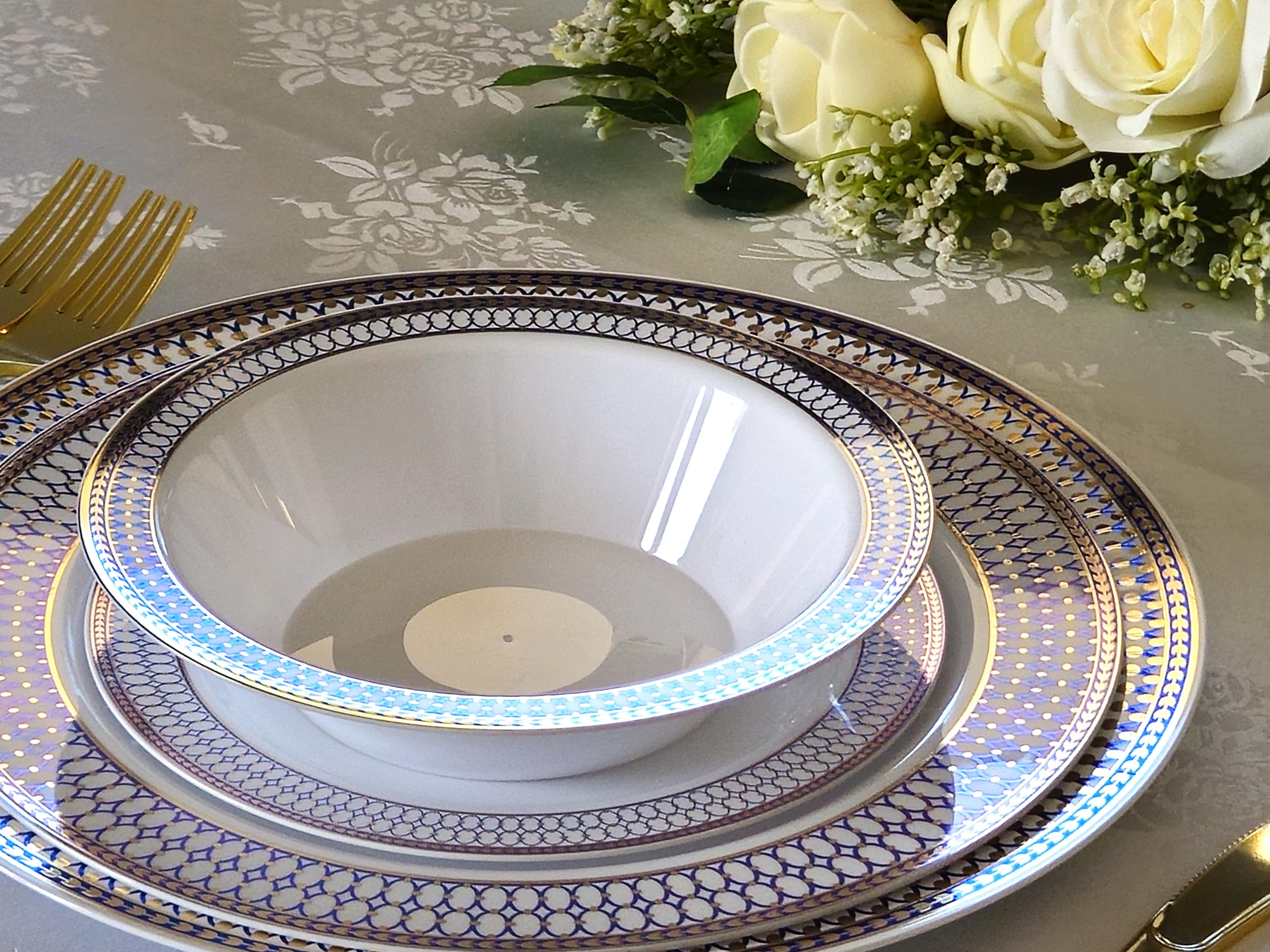 40-Piece Heavyweight Disposable Plastic Plates Set - 14oz Soup Bowls for Wedding, Party & Events (White/Blue/Gold) - Elegant Dinnerware for Catering, Picnics & Special Occasions