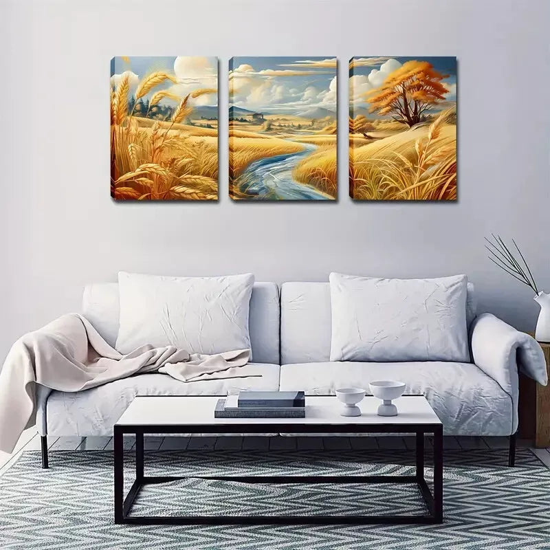 3-Piece Vibrant Countryside Stream & Golden Wheat Wall Art Set - Framed Canvas 40x60cm - High Quality Print - 100% Australian Made - Ready to Hang - Perfect for Living Room, Bedroom & Office Decor