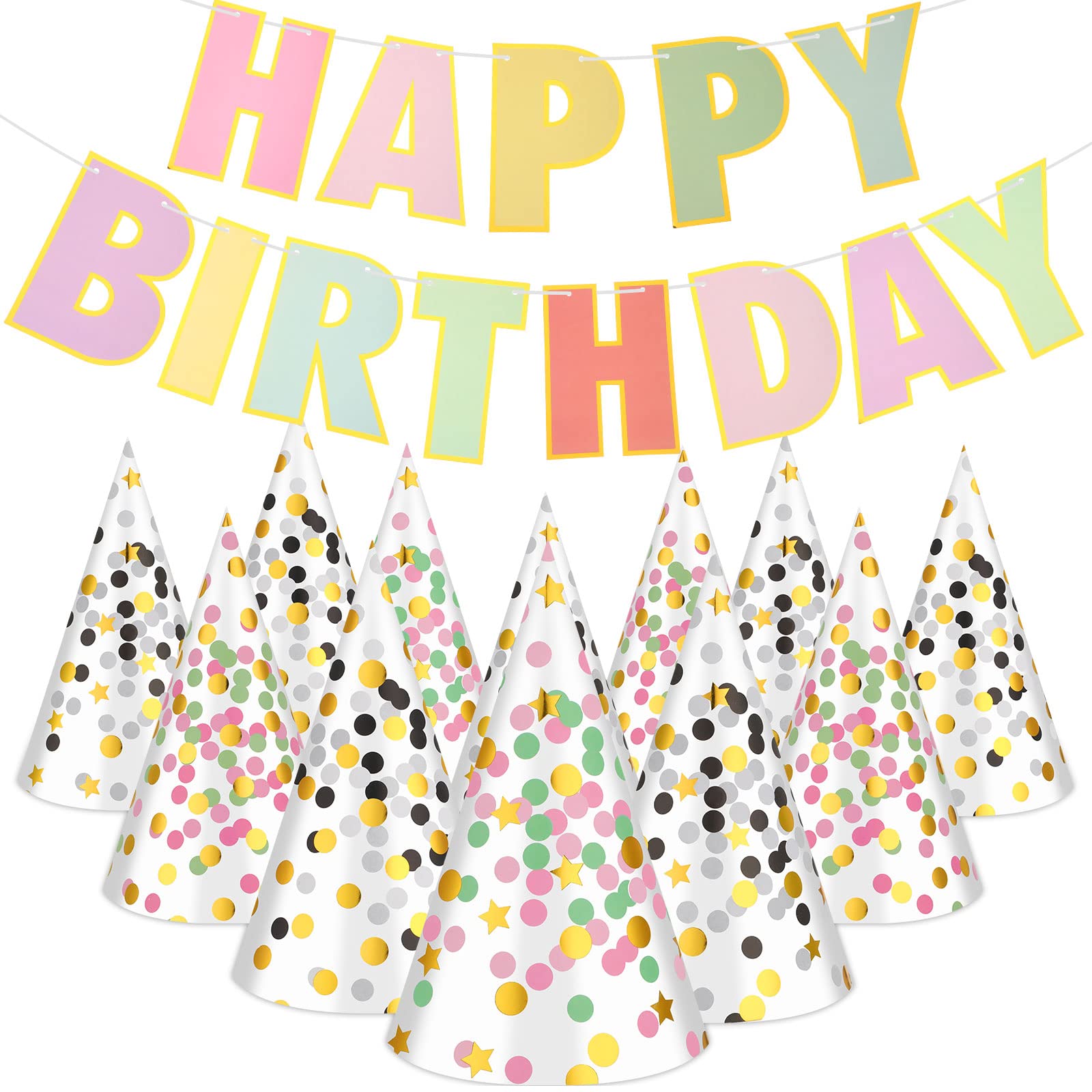 20 Pcs Pink Birthday Party Hats for Kids - Pastel Rainbow Star Dot Party Hats with Banner - Birthday Party Decorations & Classroom Supplies for Girls Boys - Perfect for Birthday Celebrations, Classroom Activities & Festive Events