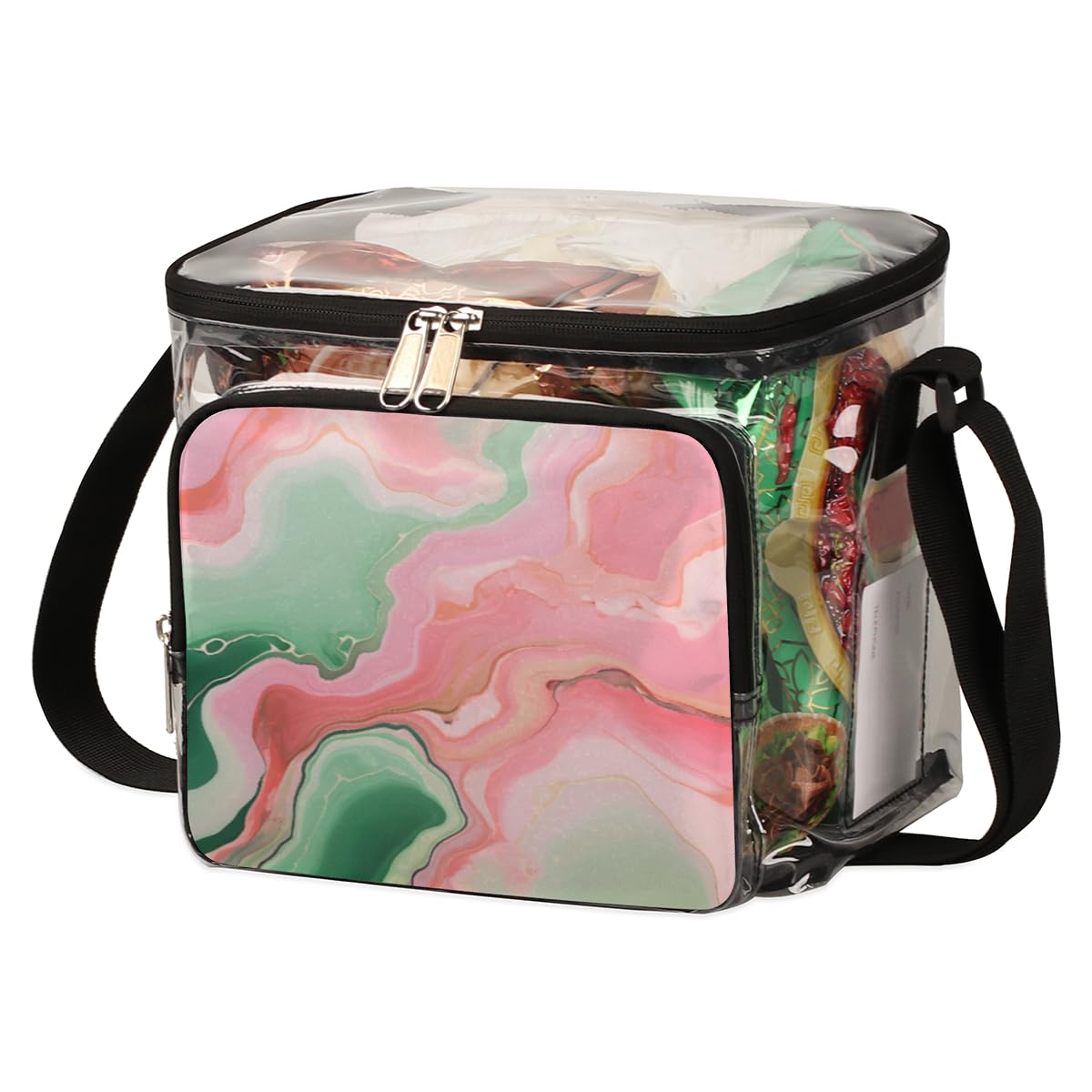 Abstract Ink Paint Clear Tote Bag with Handles - Pink & Green Liquid Texture Transparent Crossbody Shoulder Bag for Women | Perfect for Lunch, Outdoor Travel, Picnic, Concerts & Sports Events (Stadium Approved)