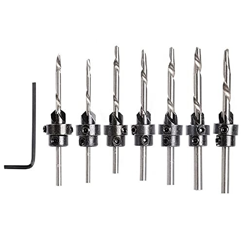 7-Piece Countersink Drill Bit Set with Stop Collars & Wrench - Quick Change Pre-Drill Counterbore Bits for Woodworking - Perfect for Cabinetry, Furniture Making & DIY Home Projects