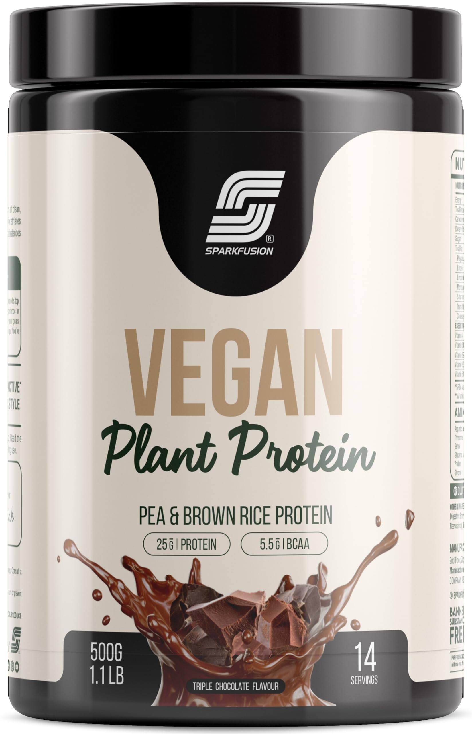 Sparkfusion Vegan Plant Protein Powder - Organic Pea & Brown Rice Protein Isolate | 25g Protein per Serving with All Essential Amino Acids | Easy Digest Triple Chocolate Flavor | 500g for Men & Women | Perfect for Post-Workout Recovery, Smoothie Boosts & Healthy Meal Replacement