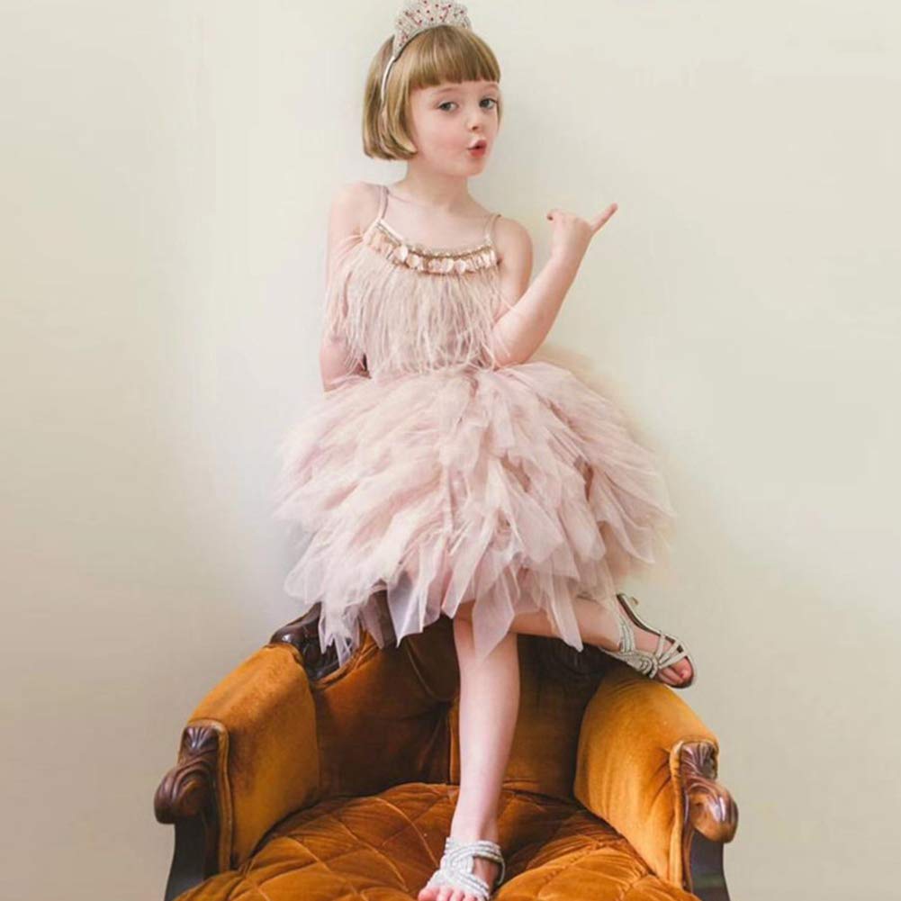 【Swan Princess】Feather Fringes Tiered Tutu Tulle Flower Girls Dress - Wedding, Ballerina Dance, Pageant, Birthday Party, Prom Gown for Kids & Toddlers
