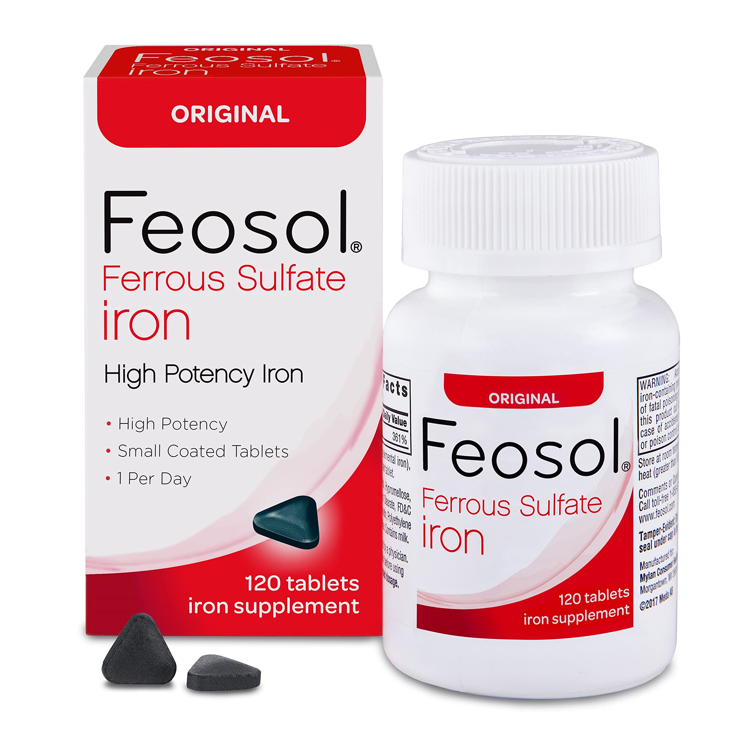 Feosol Original Iron Supplement Tablets - 325mg Ferrous Sulfate (65mg Elemental Iron) per Pill, 120 Count (4 Month Supply) - Non-Heme Iron for Energy & Immune Support - Made in USA - Ideal for Anemia Prevention & Fatigue Relief