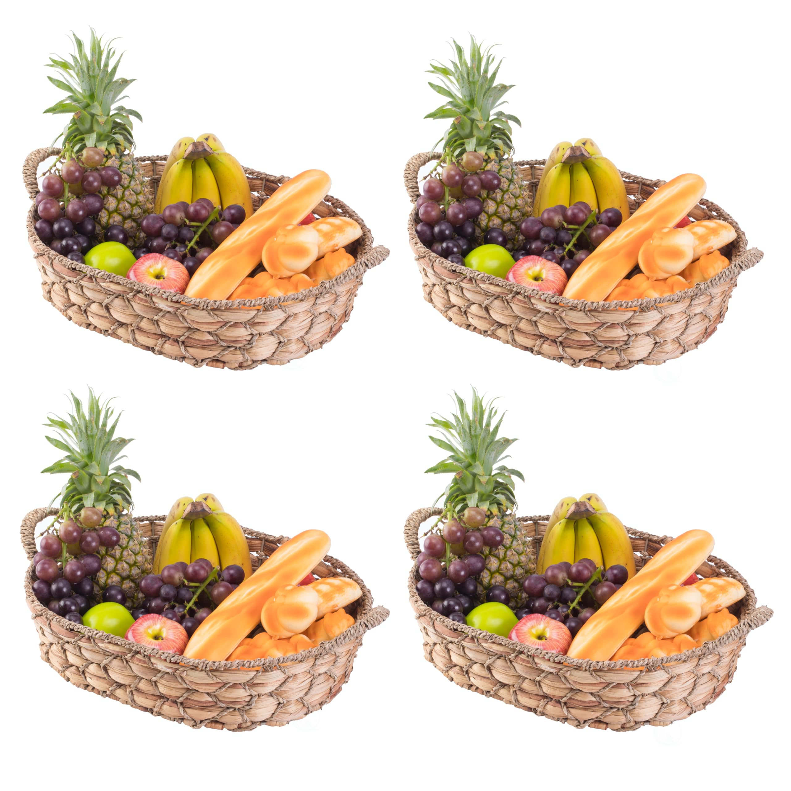 Vintage Seagrass Fruit Basket with Handles - Set of 4 Large Natural Woven Bread Trays for Kitchen, Dining Table & Picnic Storage | Farmhouse Home Decor