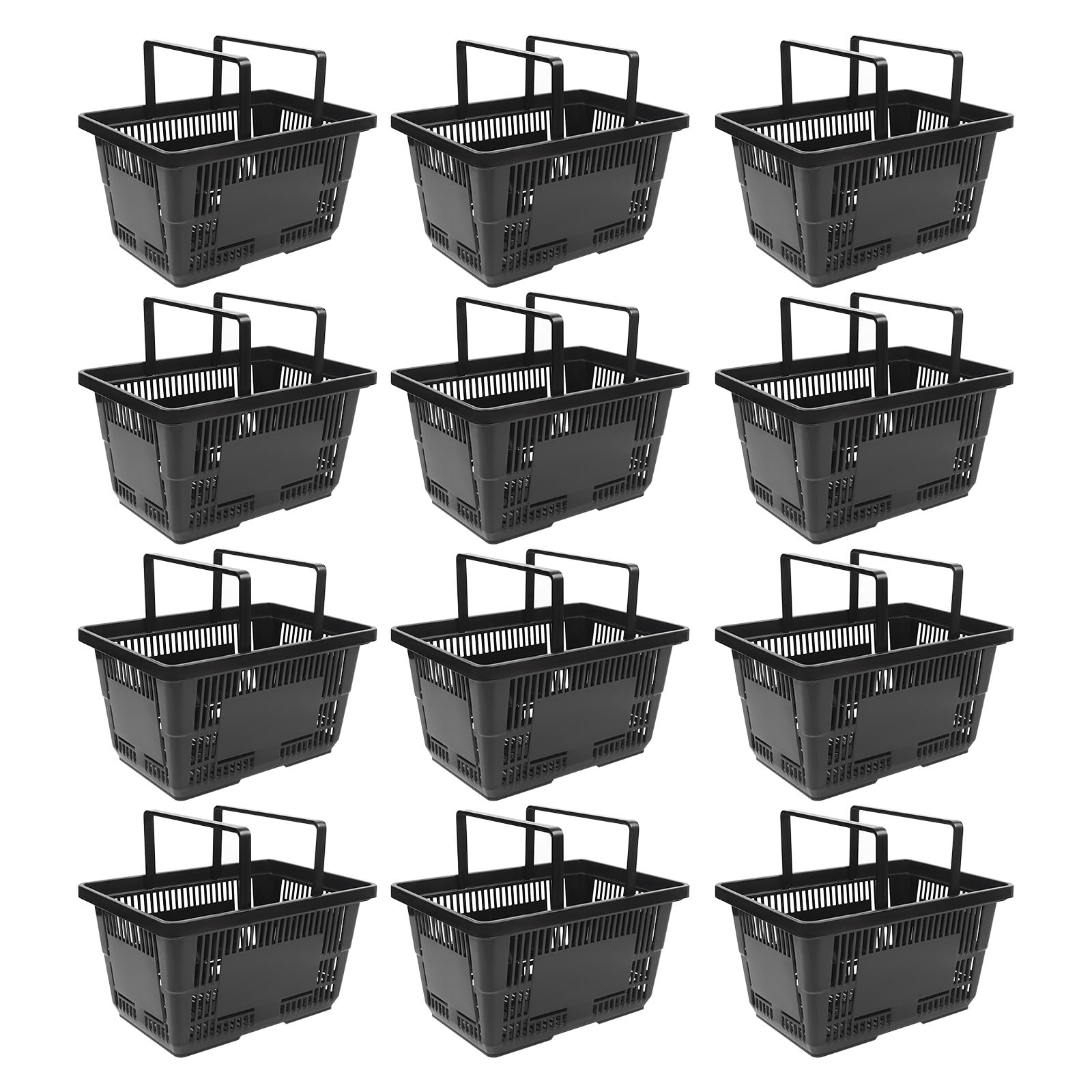 12PCS Collapsible Plastic Shopping Baskets with Handles - 28L Durable Black Storage Baskets for Supermarket, Grocery Store & Retail - Perfect for Shopping, Organizing & Display (Home, Office, Warehouse Use)