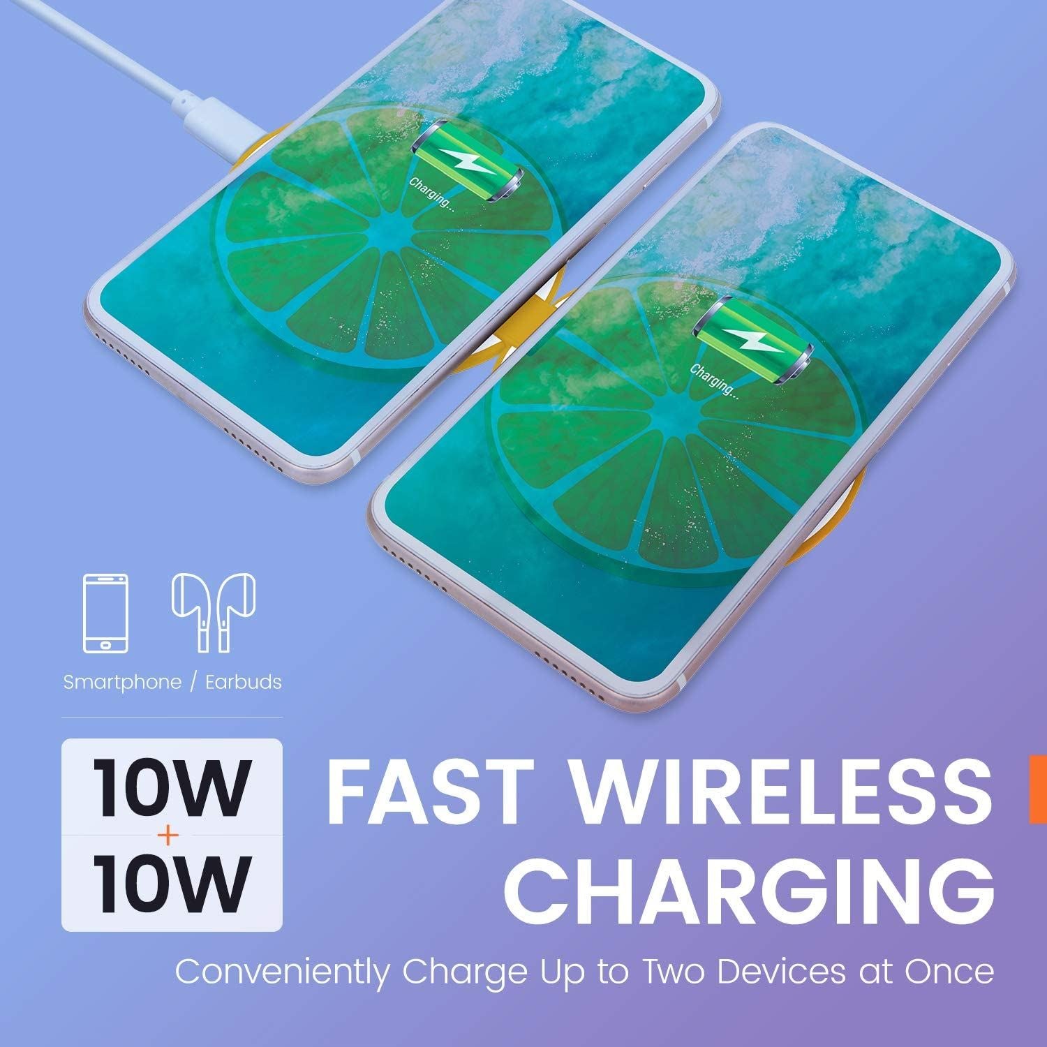 Helix 10W Qi-Certified Fast Wireless Charger with Dual Charging Pads - Orange (ETHQI2OR) | Perfect for Home, Office & Travel | Charge Phone & Earbuds Simultaneously