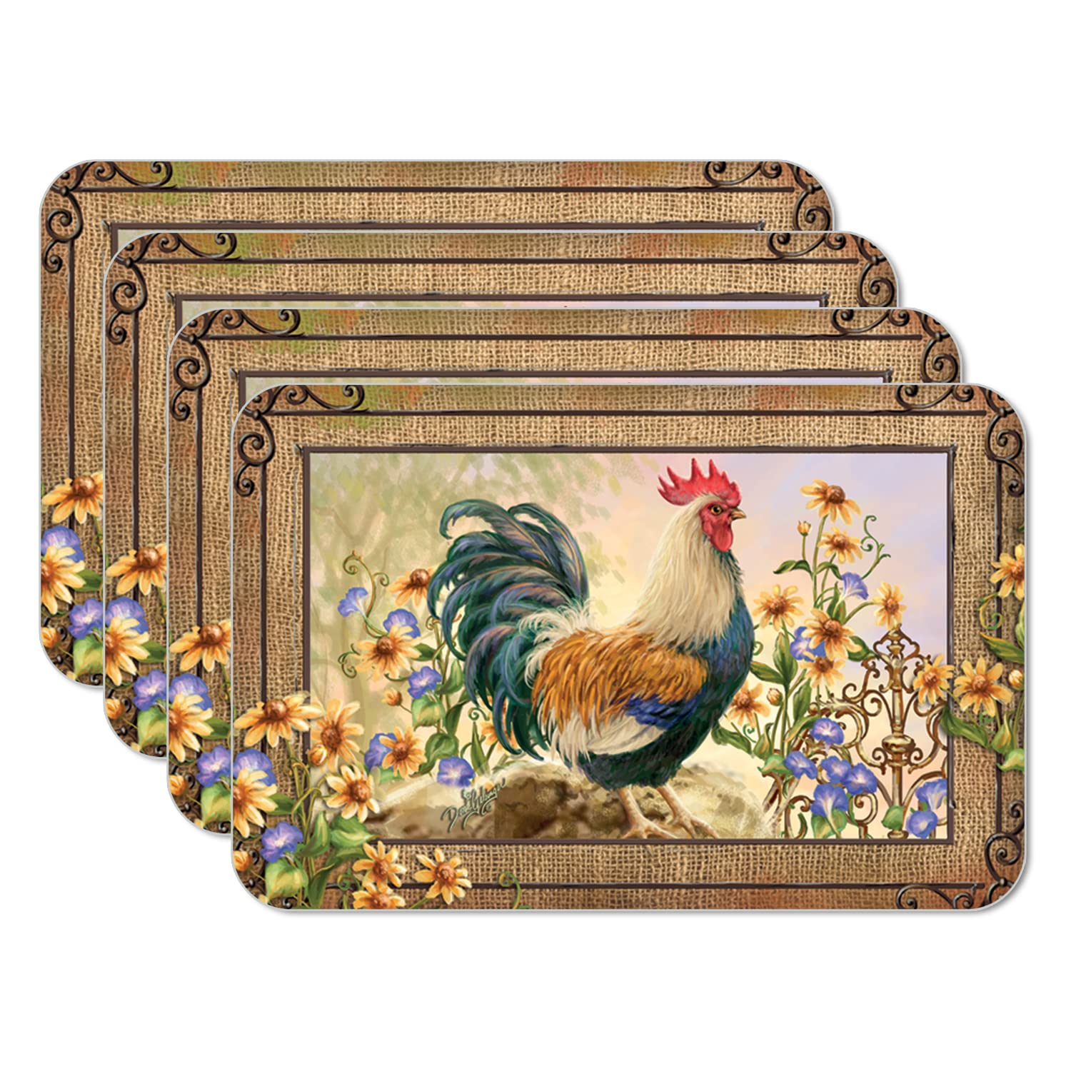 Counterart Country Charm Rooster 4-Pack Reversible Plastic Placemats | BPA-Free, PVC-Free, Easy-Clean | Made in USA | Perfect for Farmhouse Kitchens, Dining Tables & Outdoor Entertaining