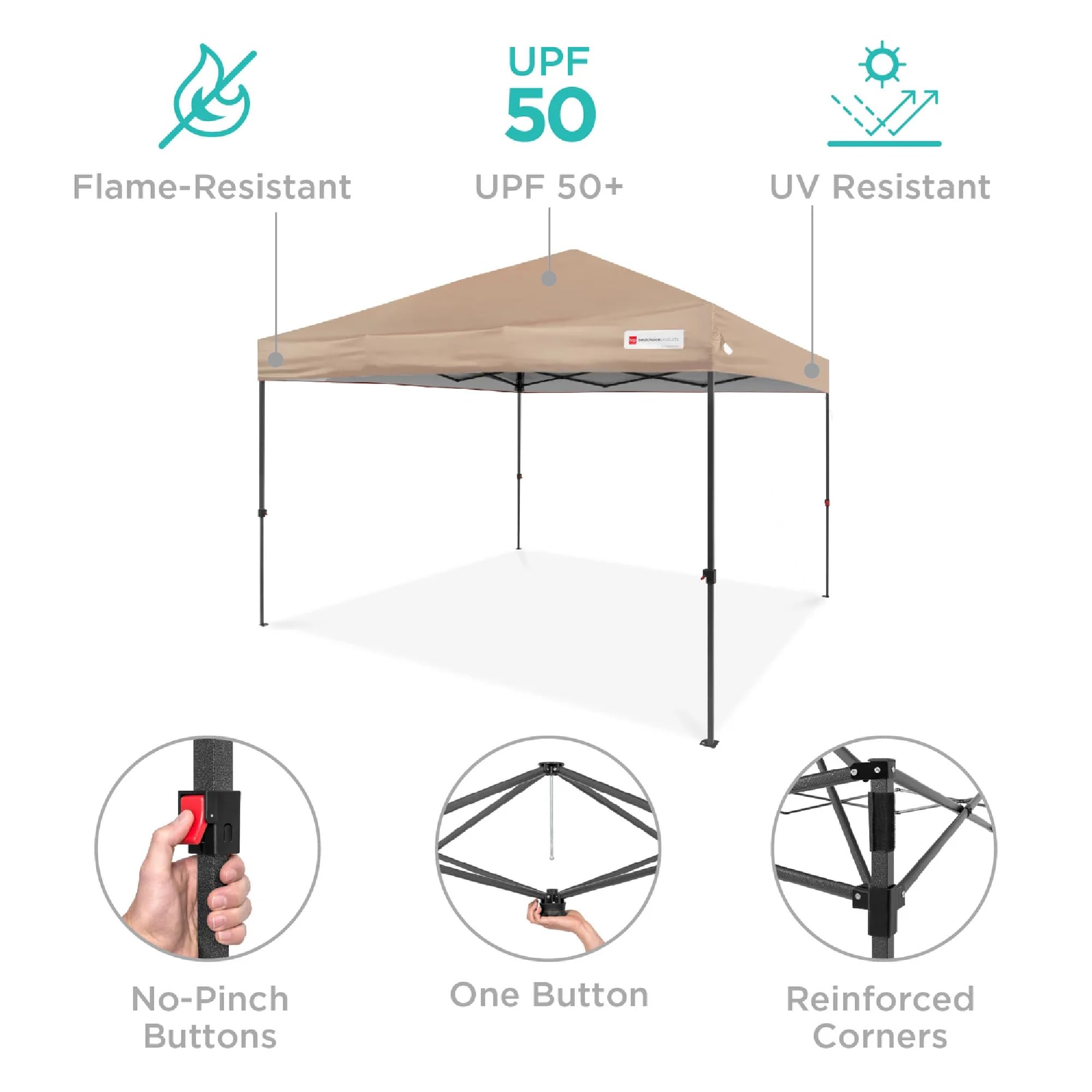 Best Choice Products 12x12ft 1-Person Instant Pop Up Canopy Tent - Portable Shelter with Easy 1-Button Setup, Carrying Case & 4 Weight Bags (Tan) - Perfect for Outdoor Events, Camping, Beach Trips and Backyard Gatherings