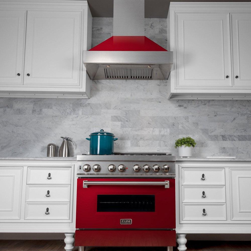 ZLINE 36 Inch Professional Wall Mount Range Hood - Stainless Steel Ducted Vent Hood with Red Gloss Shell (8654RG 36) | Powerful Kitchen Exhaust Fan for Gas Stove | Perfect for Modern Home Cooking & BBQ
