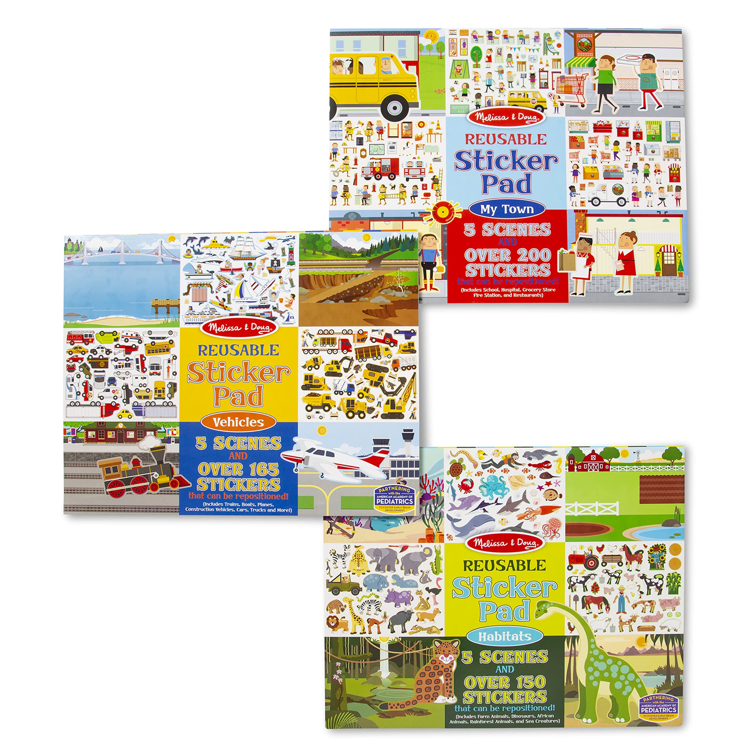 Melissa & Doug Reusable Sticker Pads Set - 115 Restickable Stickers for Kids Ages 3+ (Habitats, Vehicles, Town) | Fun & Educational Activity Book for Travel, Home Play & Preschool Learning
