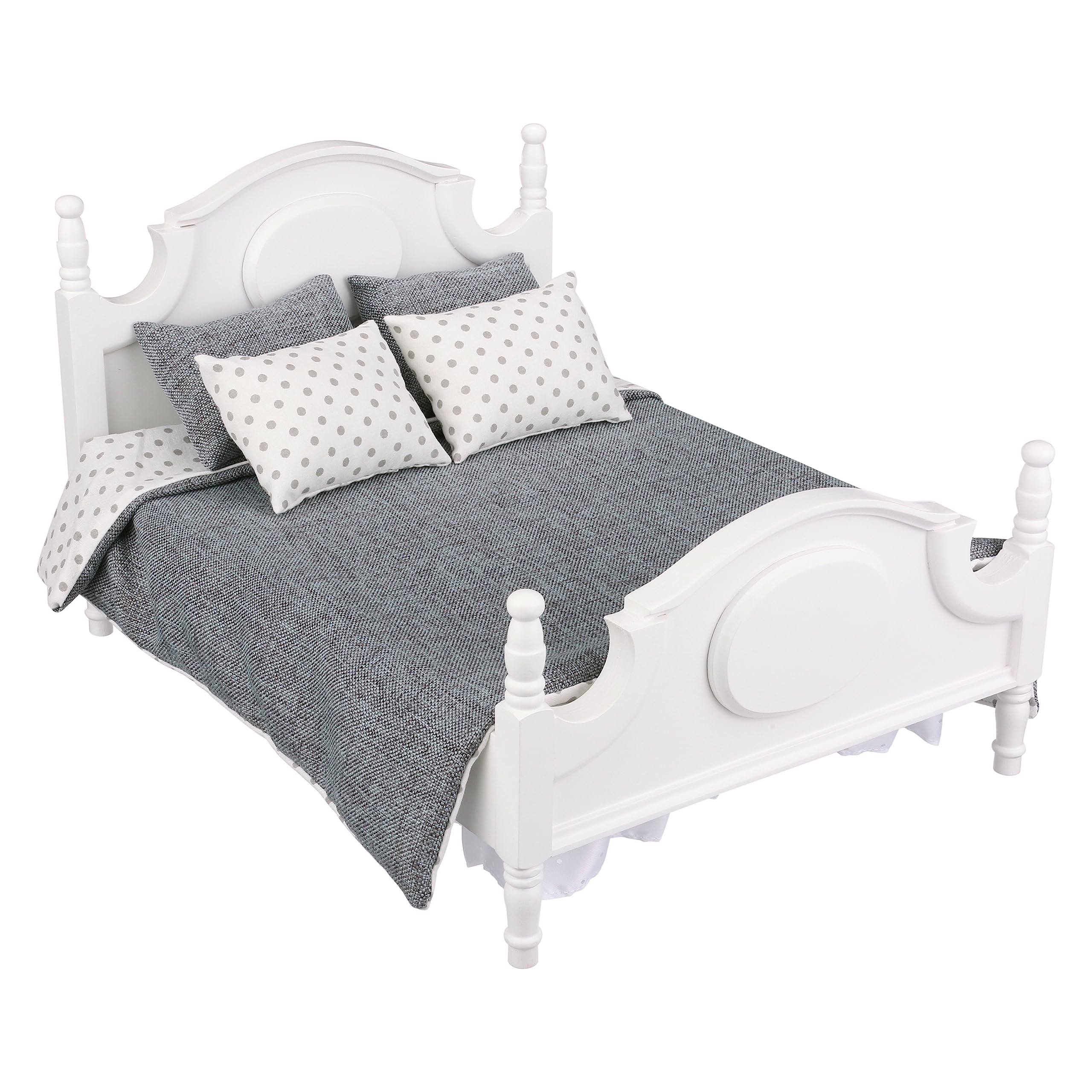 1/6 Scale Dollhouse Furniture Queen Bed Set - Miniature Grey Bedding & White Wooden Frame for 12 Inch Dolls | Perfect for Dollhouse Bedrooms, DIY Projects & Collectors Display