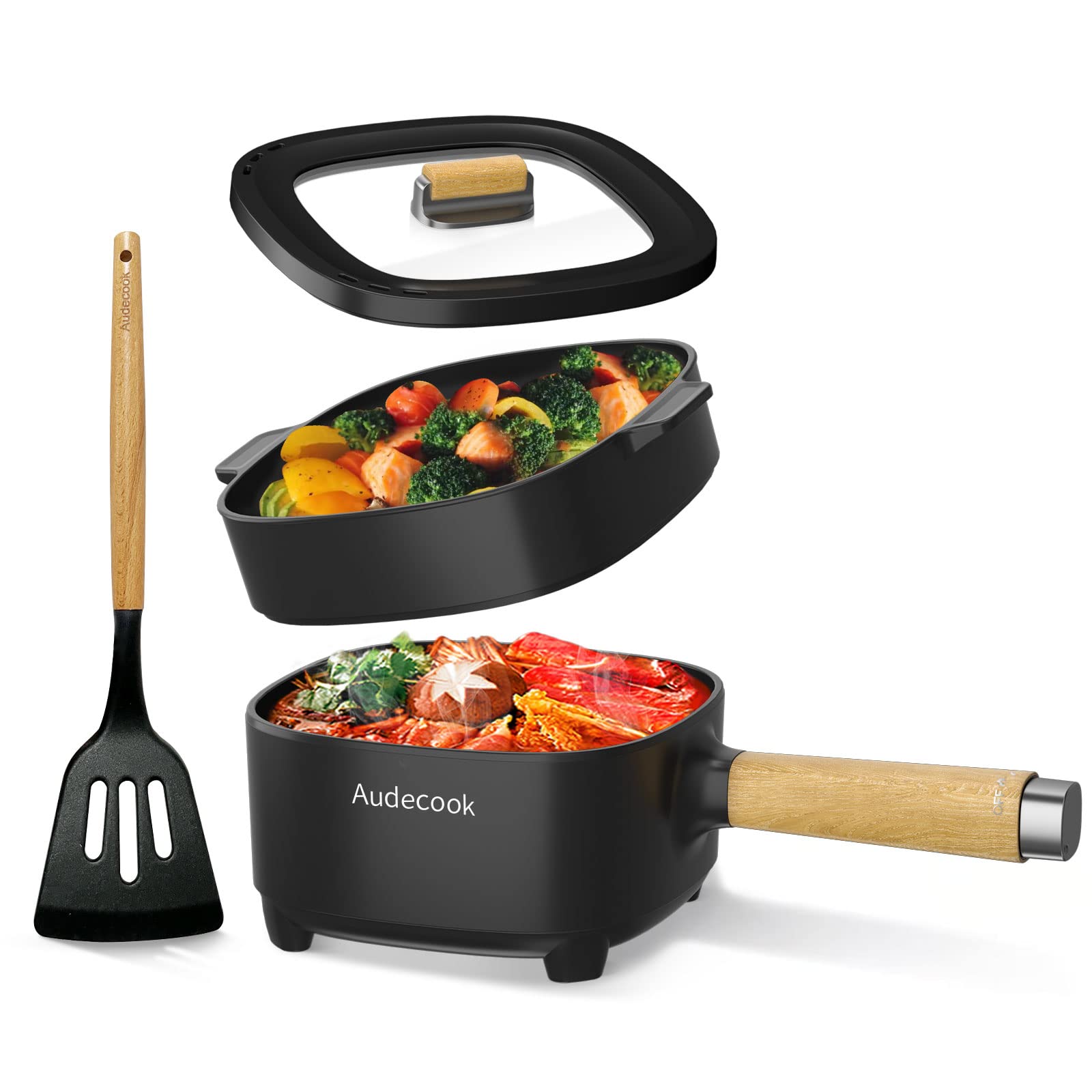 Audecook 2L Electric Hot Pot with Ceramic Non-Stick Coating, 8-Inch Portable Travel Cooker for Ramen, Steak, Fried Rice, Oatmeal & Soup - Dual Power Control & Included Silicone Spatula | Perfect for Dorm Rooms, Camping Trips & Small Kitchen Cooking