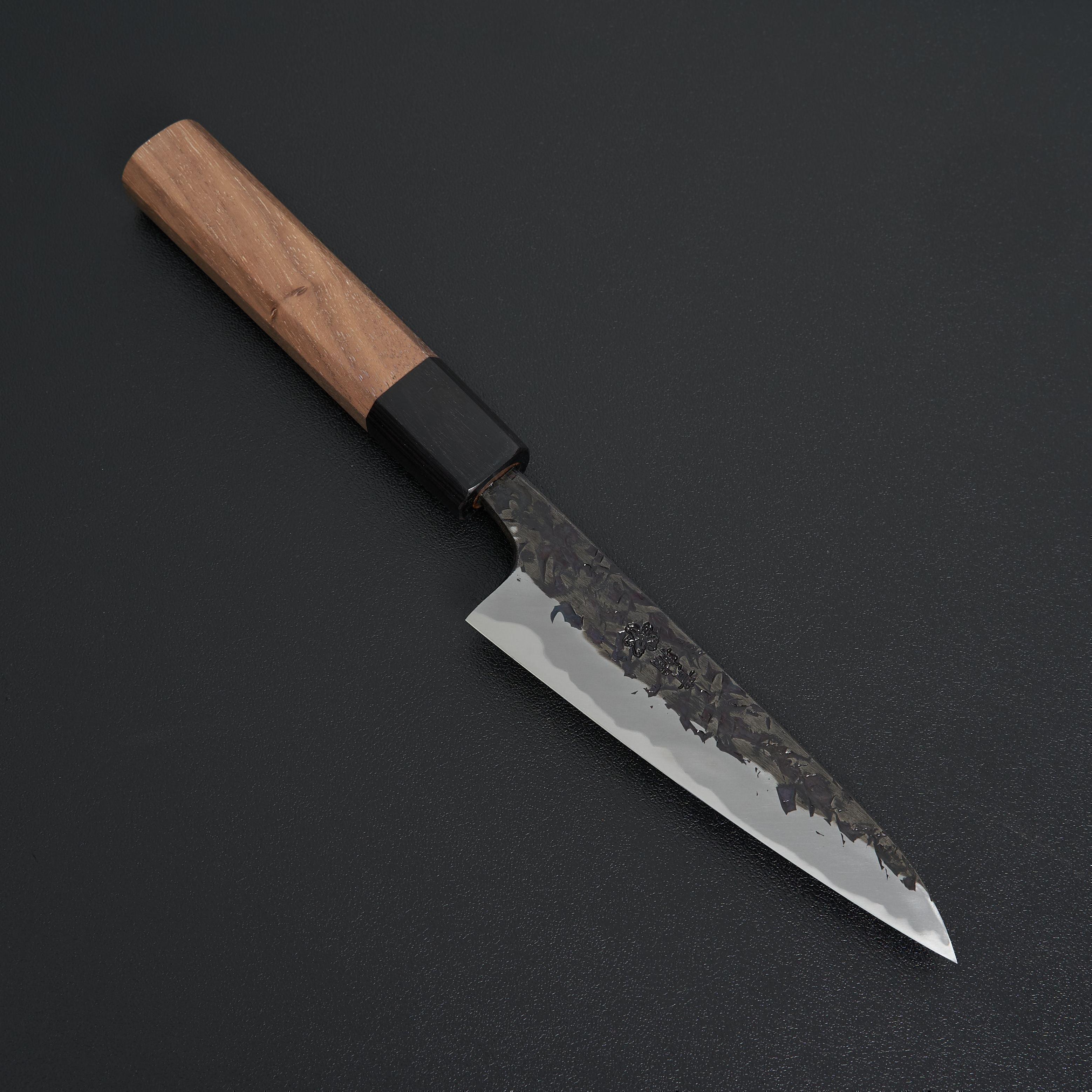 Premium Japanese Manaka Hamono Kisuke Blue #2 Kurouchi Tsuchime Petty Knife 120mm - High Carbon Steel Kitchen Knife for Slicing, Peeling & Precision Cutting - Perfect for Chefs & Home Cooking