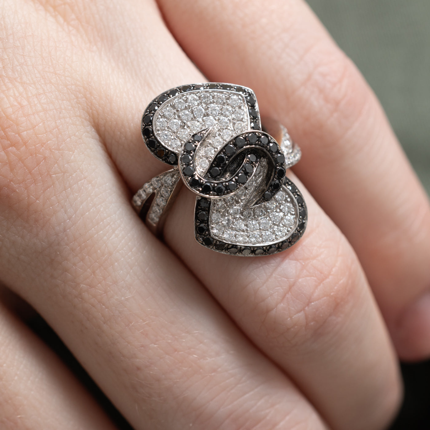 Elegant White & Black Diamond Heart Bypass Ring - 0.55ctw & 0.53ctw - Size 6.5 - Perfect for Anniversary Gifts & Romantic Occasions