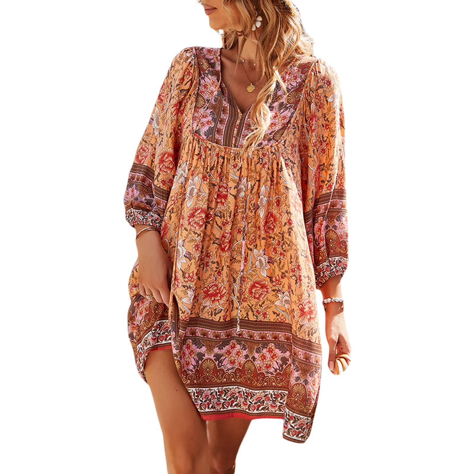 Women's Summer Short Beachwear Dress - Long Sleeve V Neck Boho Vintage Floral Maxi Dress for Beach Vacation, Music Festival & Boho Chic Outfits