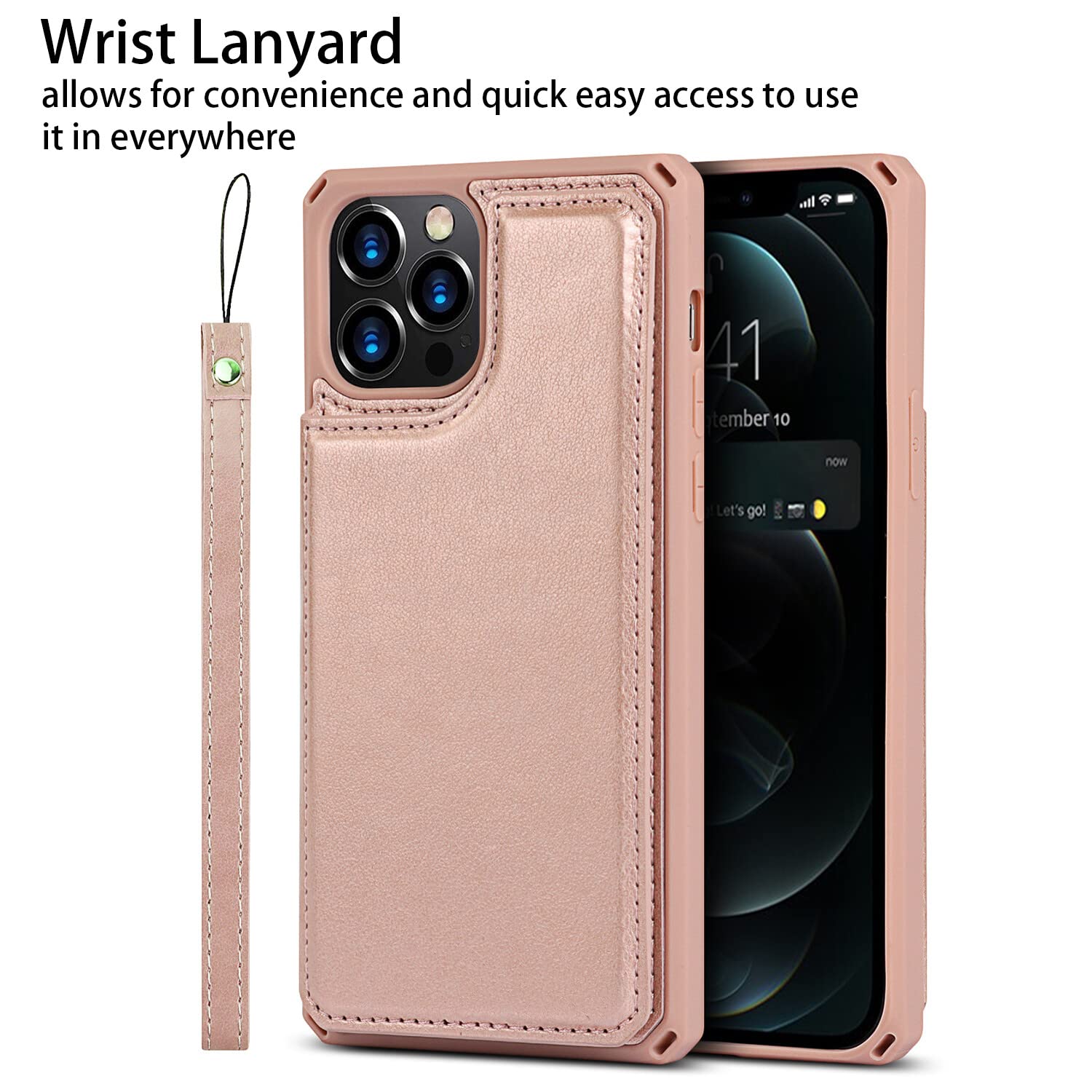 Premium Leather iPhone 12 Case with Card Holder & Stand - Shockproof Wallet Phone Cover for iPhone 12/12 Pro (Rose Gold) - Perfect for Work, Travel & Everyday Protection