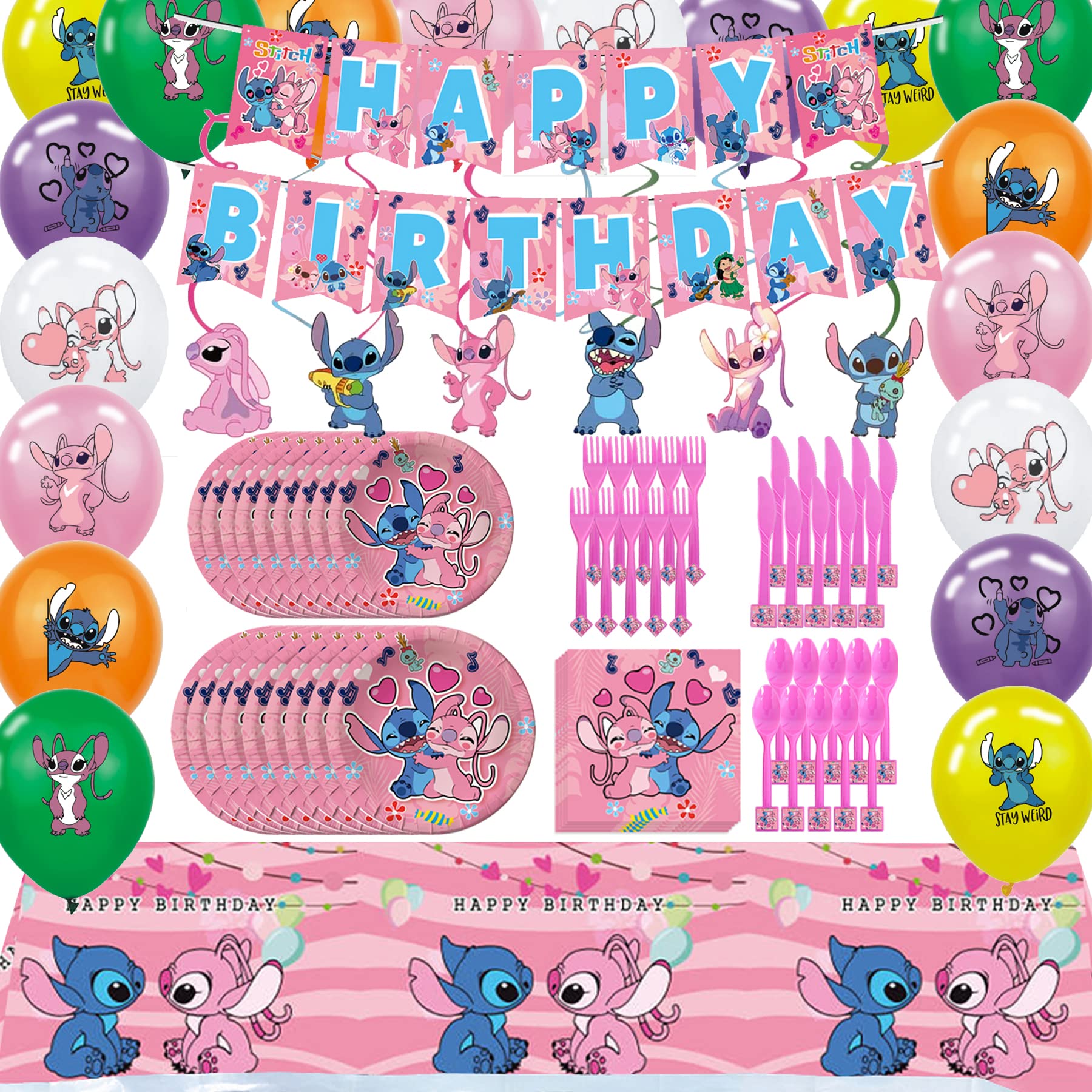 Pink Lilo and Stitch Birthday Party Supplies Set for 10 Guests - Includes Happy Birthday Banner, Balloons, Forks & Tableware - Perfect for Kids Birthday Party Decorations (Boys & Girls) - Great for Disney Themed Parties, Baby Showers & Family Celebrations