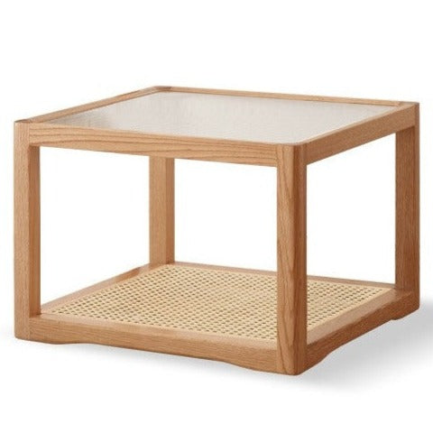 Solid Oak Wood Coffee Table with Glass Top and Rattan Shelf - Perfect for Living Room, Patio, or Outdoor Furniture Decor