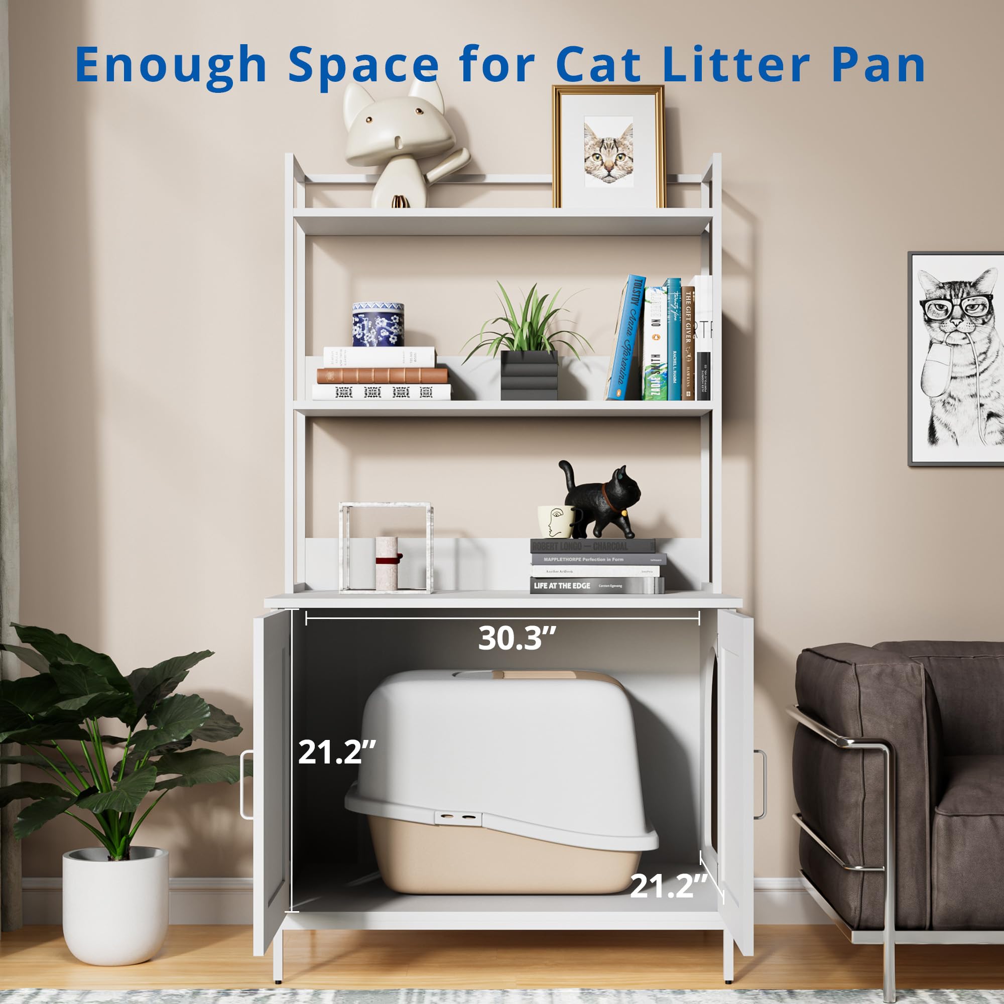 Premium Hidden Cat Litter Box Enclosure Furniture - White Cozy Castle Design with 2 Storage Shelves & Doors | Indoor Cat House for Discreet Litter Box Storage | Perfect for Living Rooms, Bedrooms & Small Spaces