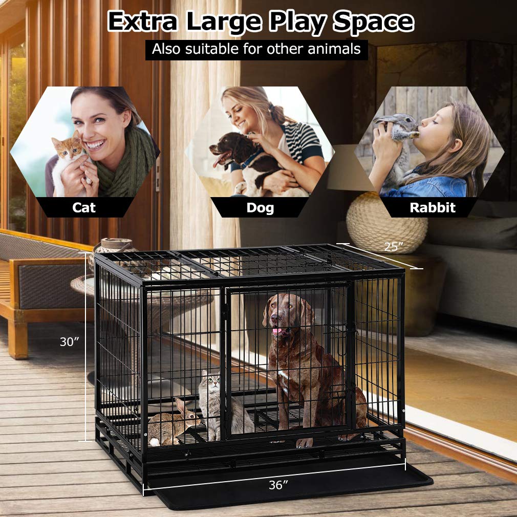 Heavy Duty 36 Inch Dog Crate Cage for Large Dogs - Indoor/Outdoor Pet Kennel with Double Doors, Secure Locks & Removable Plastic Tray - Perfect for Training, Travel, and Home Safety