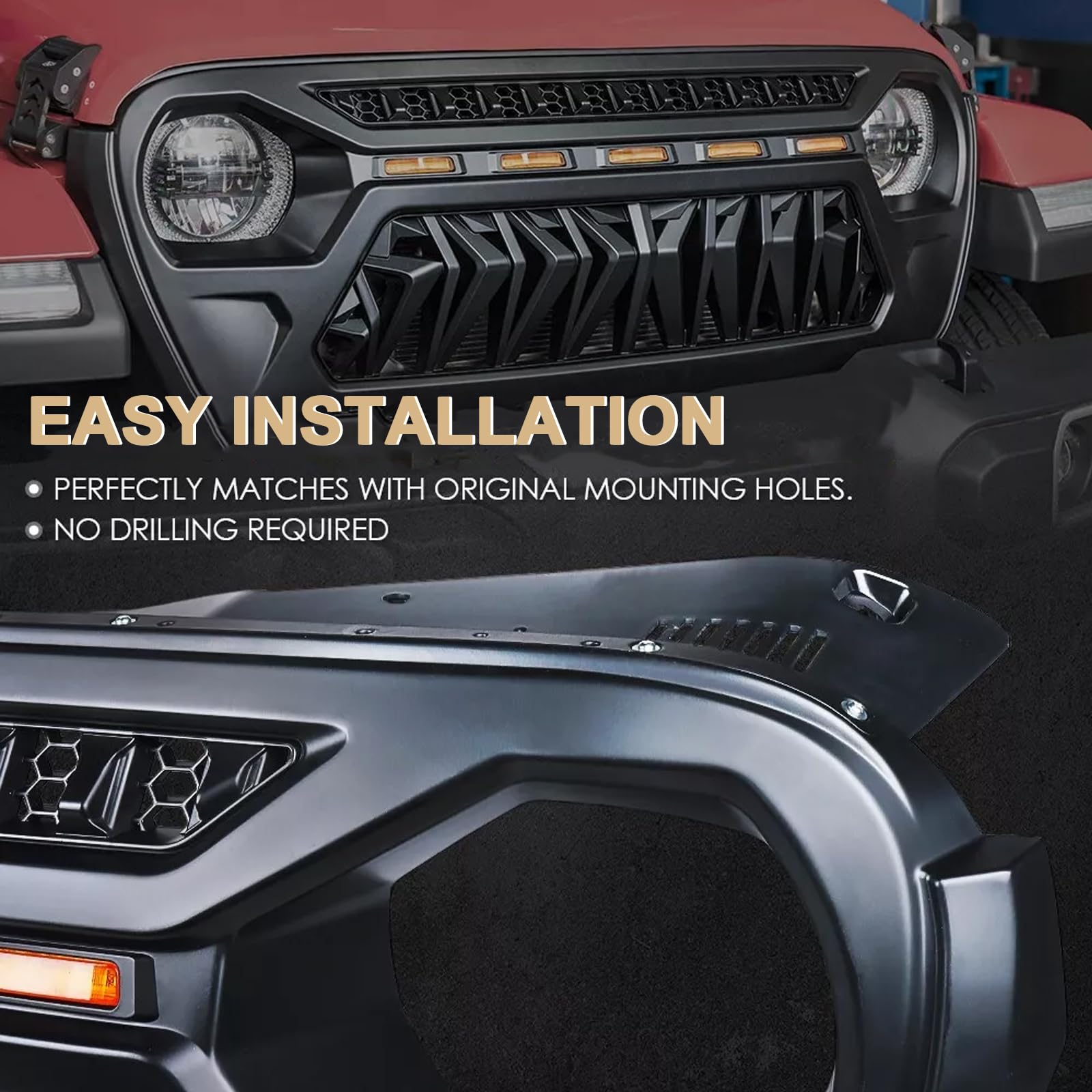 Shark Front Grill Mesh Grille Cover Matte Black for Jeep Wrangler JK JKU Unlimited Rubicon Sahara Sport (2007-2018) with Amber LED Running Lights & Mesh Inserts | Off-Road Protection & Stylish Upgrade