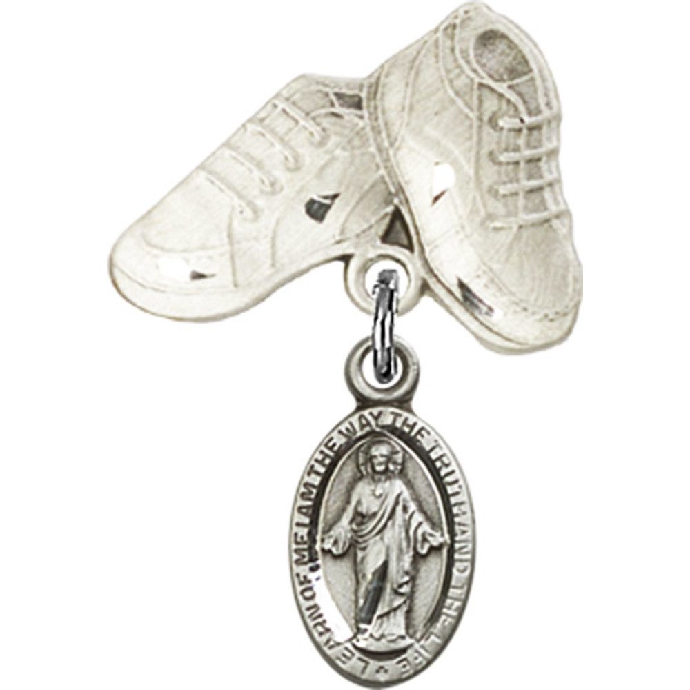 Sterling Silver Baby Badge with Scapular Charm & Baby Boots Pin - 1 X 5/8 Inch Religious Jewelry for Christening, Baptism & First Communion Gifts