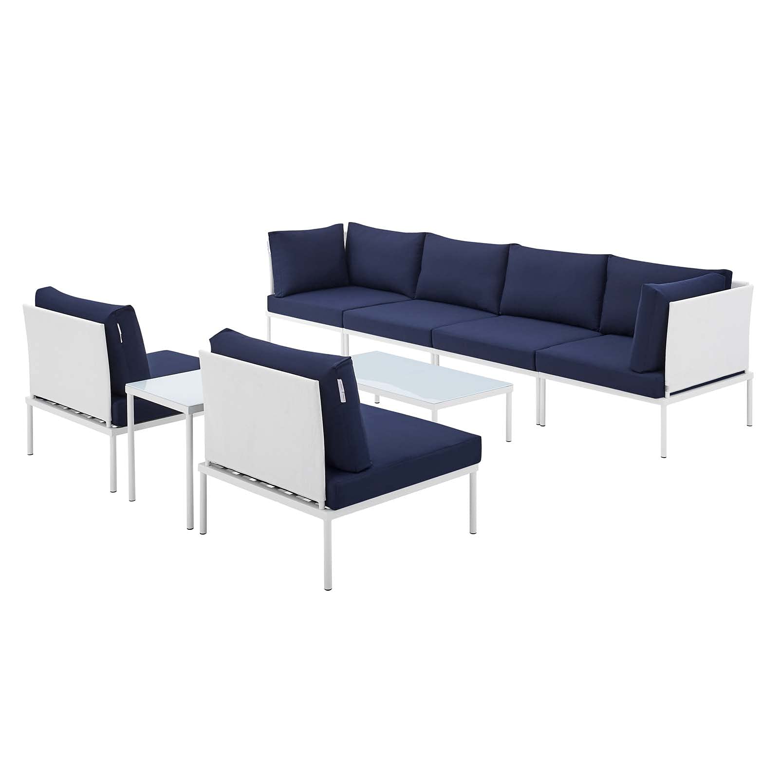 Modern Outdoor Patio Lounge Sectional Sofa Set with Chair & Table - Aluminum Frame in White, Blue & Navy - Perfect for Backyard, Poolside & Garden Relaxation