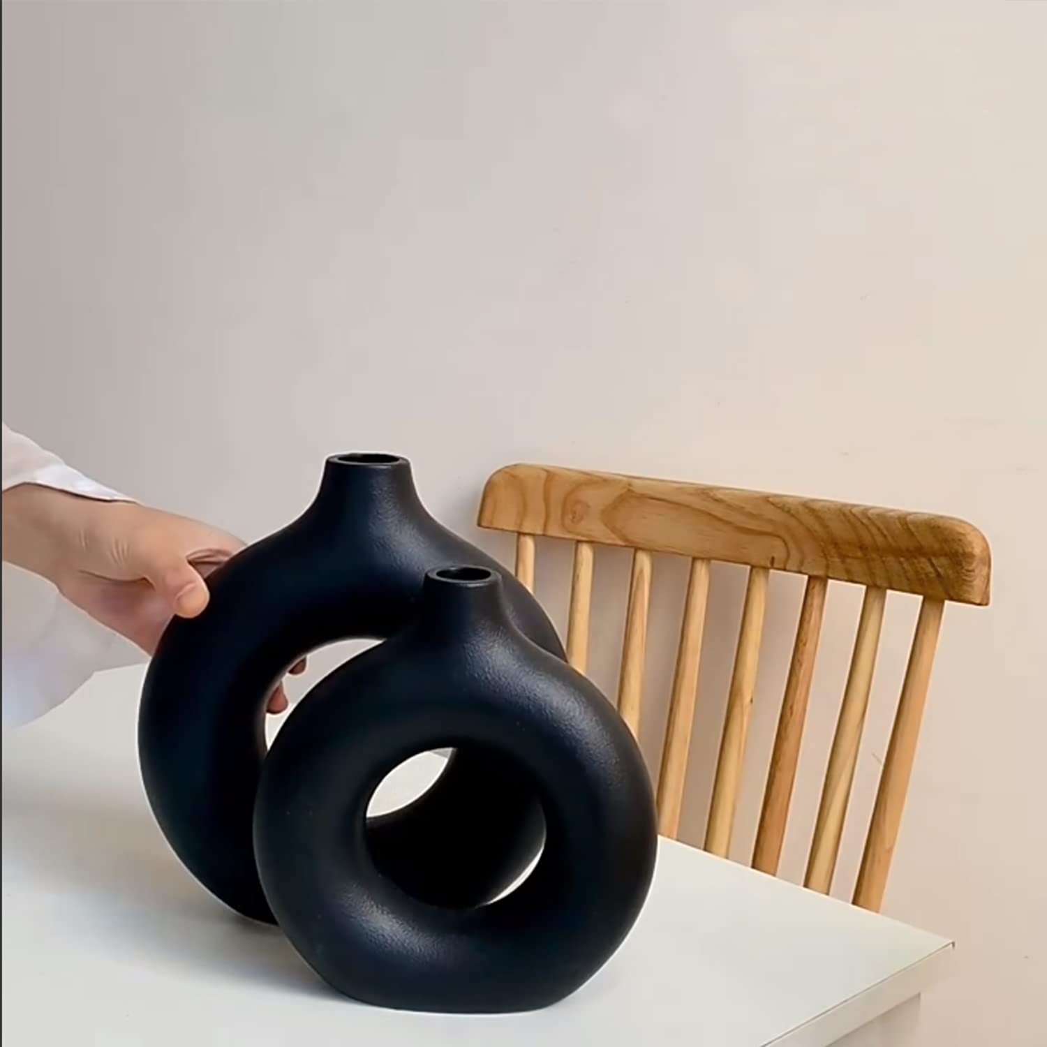 Handmade Black Hollow Ceramic Donut Vase - Minimalist Boho Style Flower Vase for Wedding, Party & Home Decor | Perfect for Dining Table, Living Room, Office & Bedroom