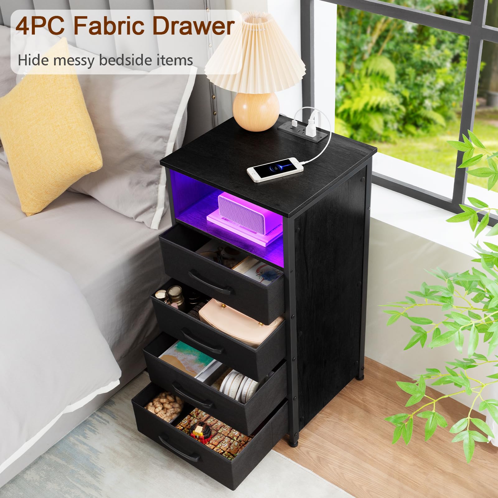 Modern Night Stand Set of 2 with USB Charging Station & LED Lights - Tall Bedside Tables with 4 Drawers & Storage Bins - Black Bedroom Dresser with Outlets (HNS034BK) - Perfect for Small Spaces, Guest Rooms & Apartment Bedrooms
