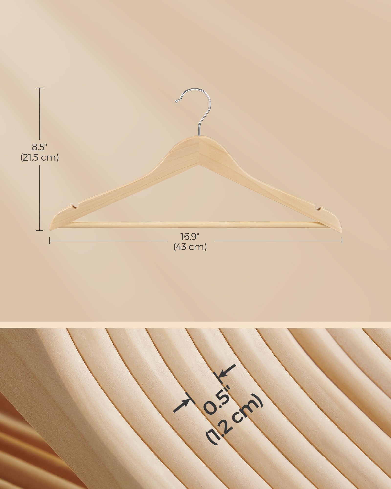 SONGMICS 24-Pack Wooden Clothes Hangers with Non-Slip Pants Bar & 360° Swivel Hooks - Natural Beige Coat Hangers for Jackets, Shirts, Coats - Perfect for Closet Organization & Wardrobe Storage