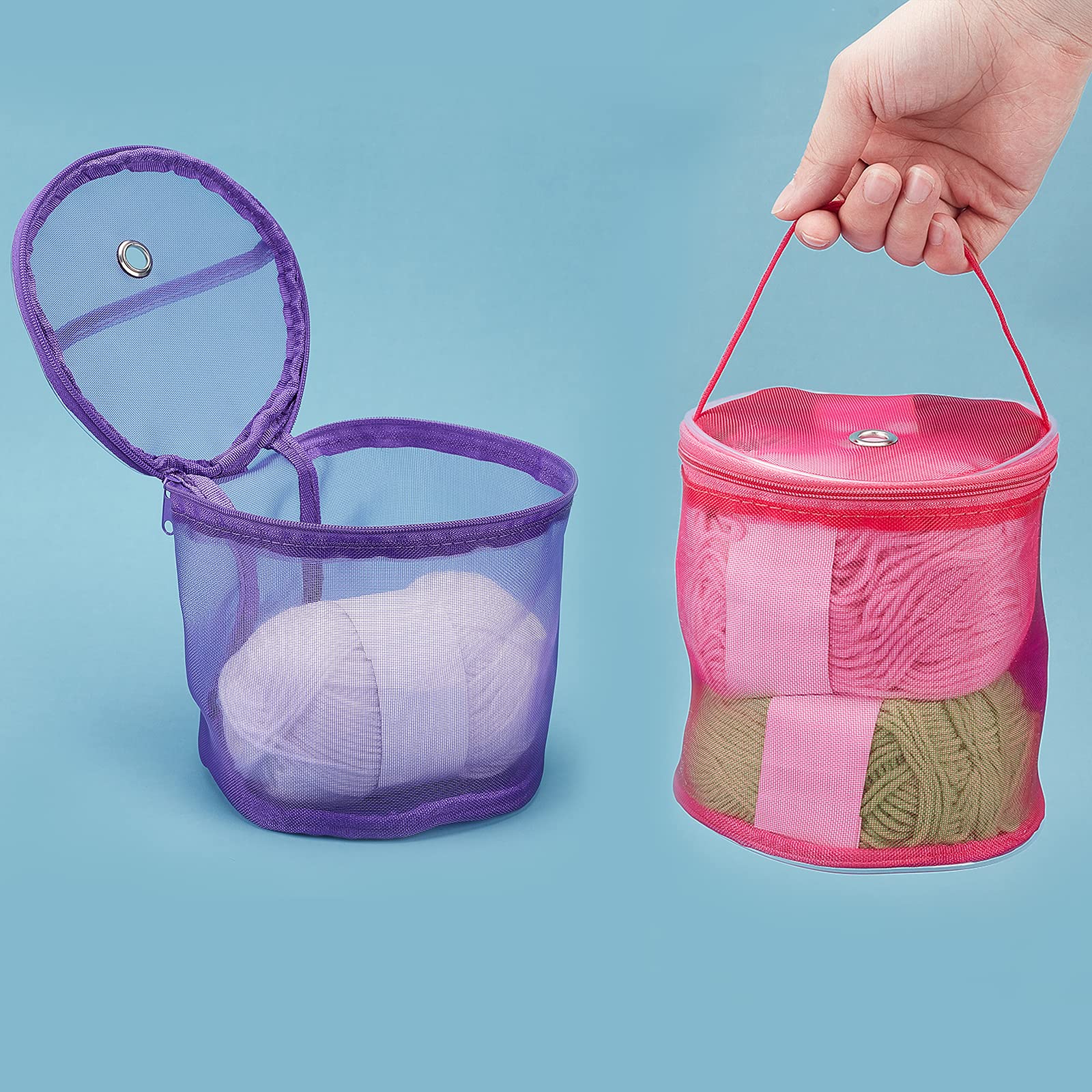2 Pack Empty Mesh Yarn Bags - Portable Knitting Storage Organizer with Organza Fabric, Crochet Thread & Sewing Accessories Case - Perfect for Yarn Storage, Craft Projects & Travel (Fuchsia & Purple)