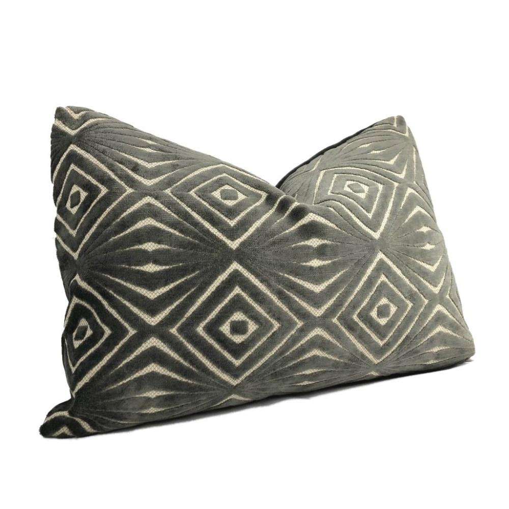 Antoni Seal Gray Geometric Cut Velvet Pillow Cover - Luxury Decorative Throw Pillow Case for Sofa, Bed & Home Decor - 18x18 Inches