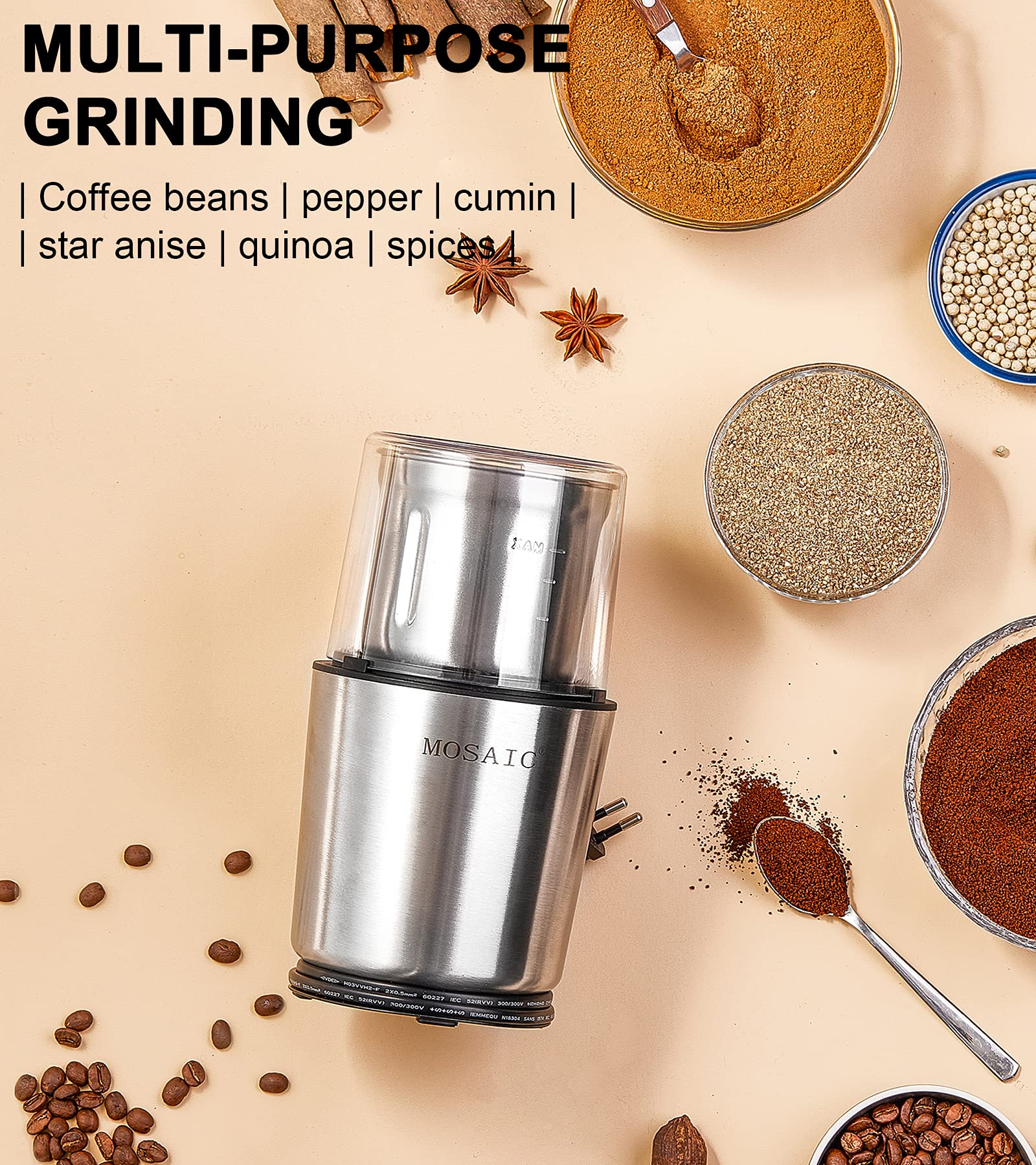 Electric Coffee Grinder & Spice Blender - 2 Stainless Steel Bowls for Coffee Beans, Herbs, Nuts & Spices | Dishwasher Safe | Perfect for Home Kitchen, Espresso & Baking Use