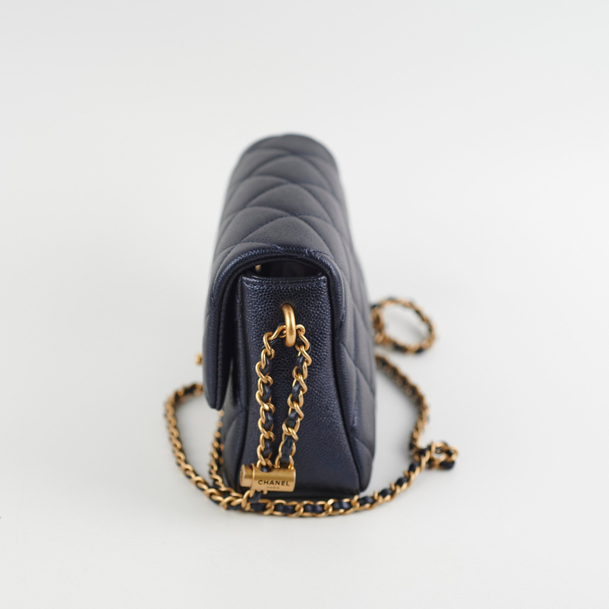 Chanel Perfect Mini Classic Flap Bag Iridescent Navy Blue Leather Crossbody Purse for Women | Luxury Evening Party & Date Night Accessory