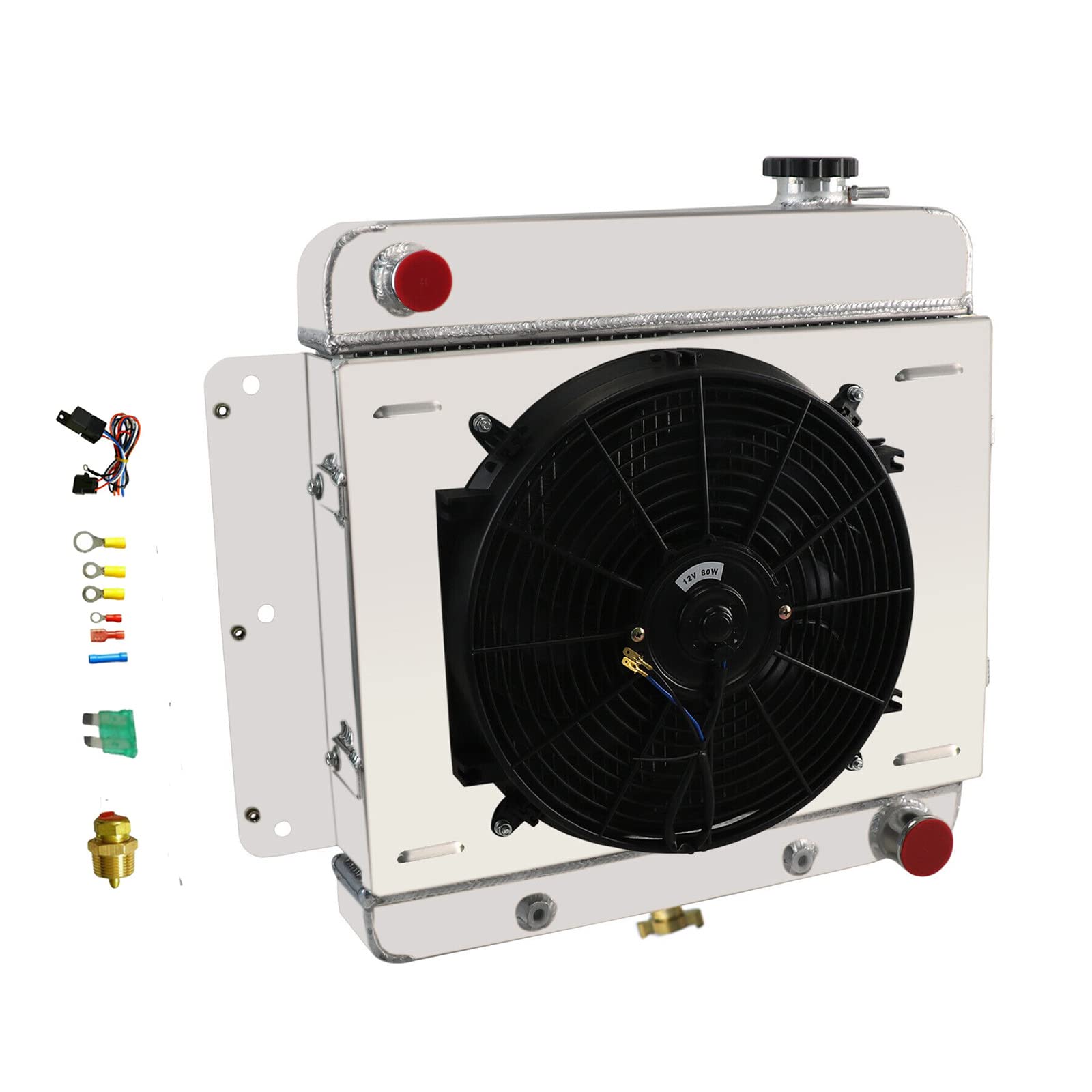 1962-1967 Chevy II Nova Base & SS Aluminum Radiator Kit - 3 Row High Performance Cooling System with Fan Shroud & Relay Kit for L6/V8 Engines - Perfect for Street Racing, Hot Rods & Classic Car Restoration