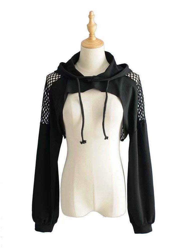 Sexy Black Hollow Out Mesh Patchwork Hoodie for Women - Long Sleeve Crop Top Streetwear Sweatshirt | Perfect for Fall Fashion, Night Out, and Casual Street Style